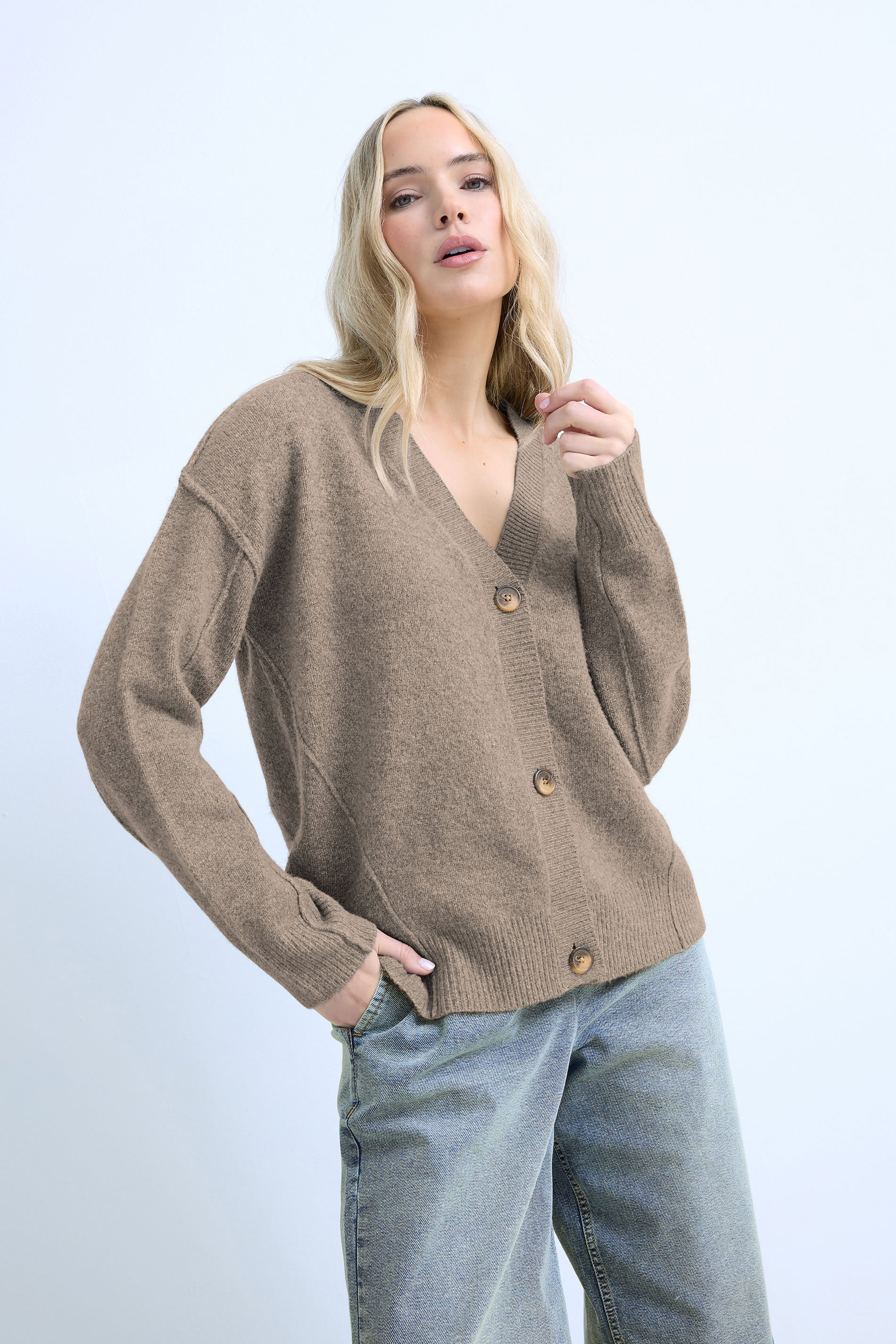 LTS Tall Brown Seam Detail Knitted Cardigan | Long Tall Sally 1