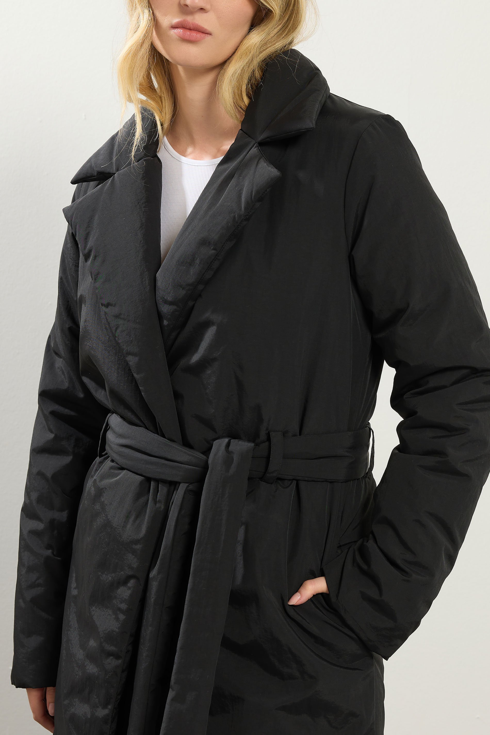 LTS Tall Black Belted Padded Midi Coat | Long Tall Sally 4