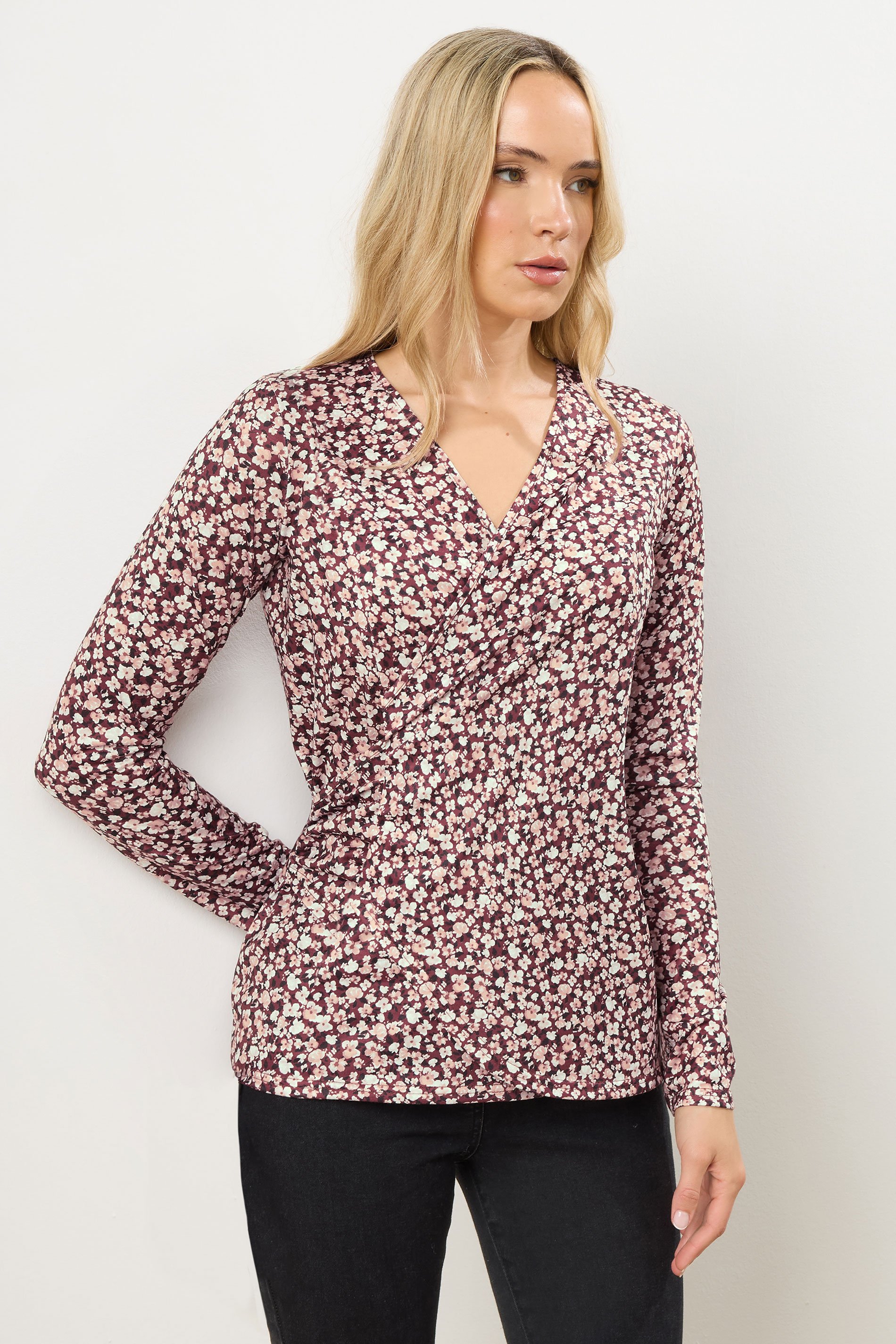LTS Tall Berry Red Ditsy Floral Wrap Top | Long Tall Sally 1