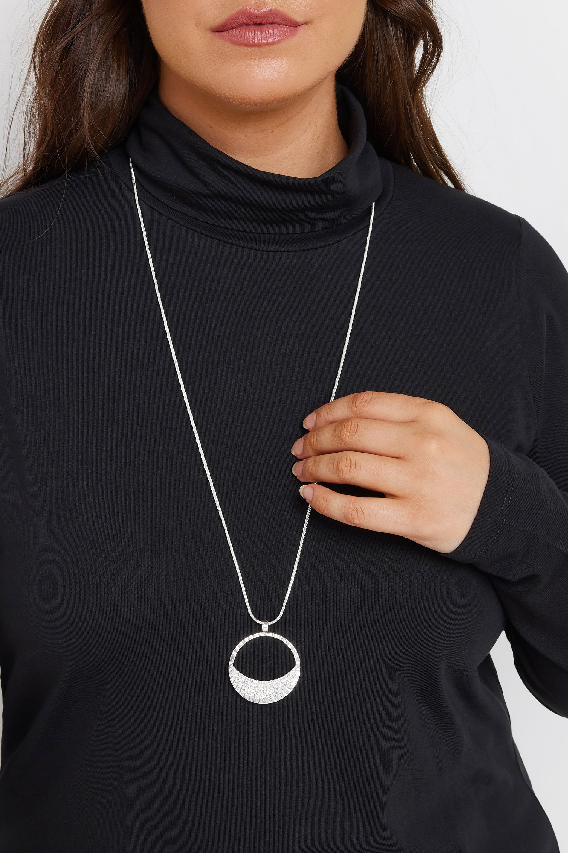 Silver Tone Long Circle Pendant Necklace | Yours Clothing  1
