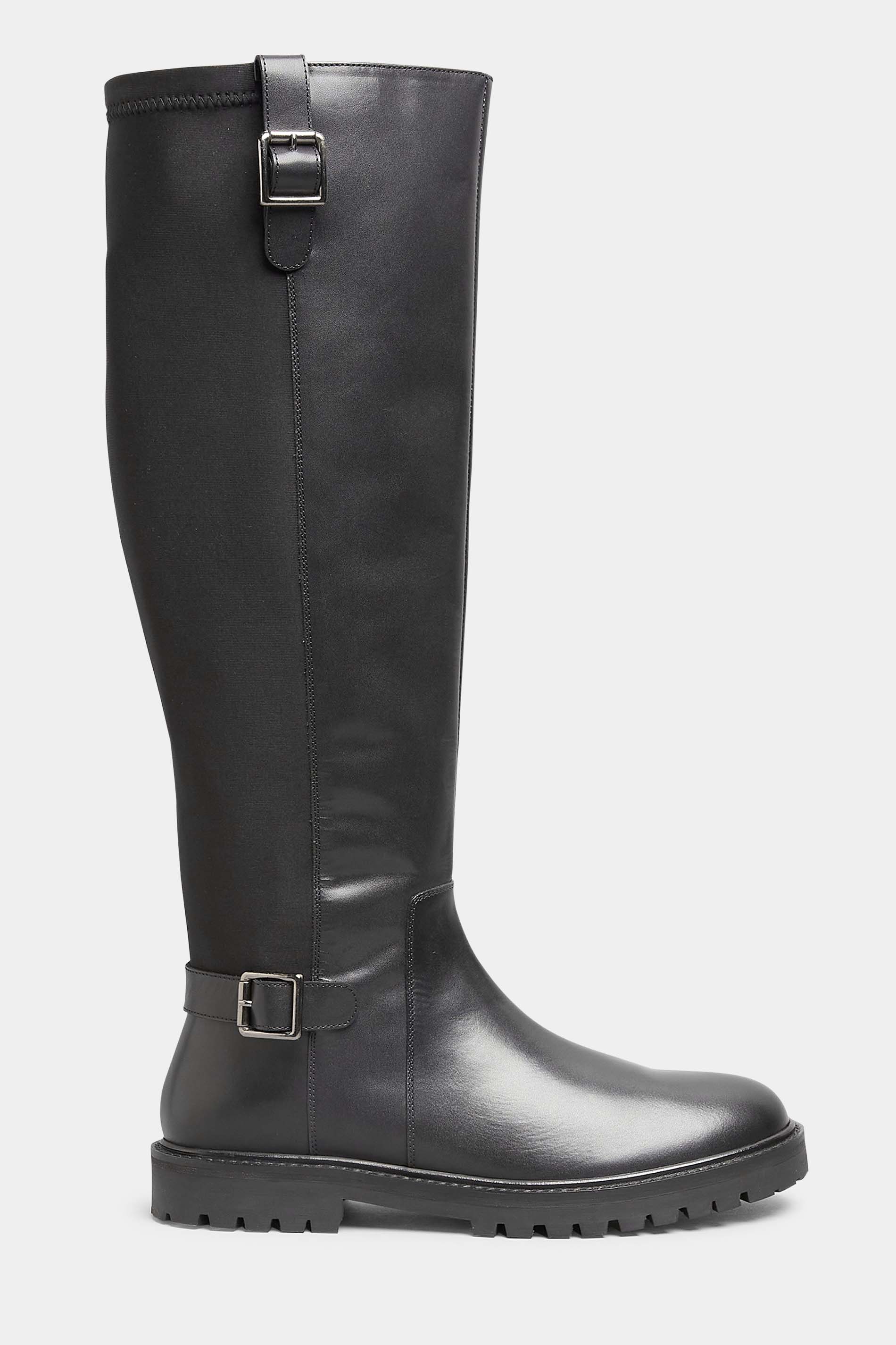 LTS Black Buckle Leather Knee High Boots In Standard Fit | Long Tall Sally 3