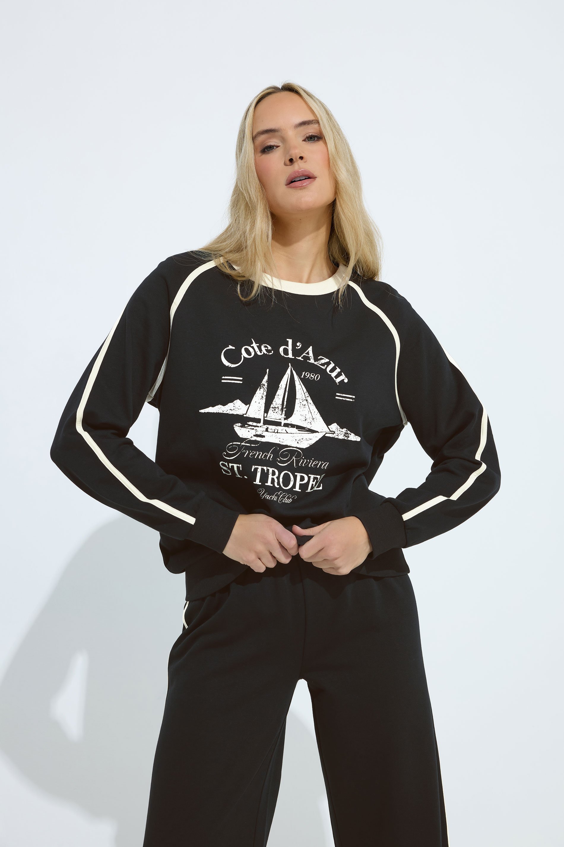 LTS Tall Black 'Cote d'Azur' Slogan Pipe Detail Sweatshirt | Long Tall Sally  1
