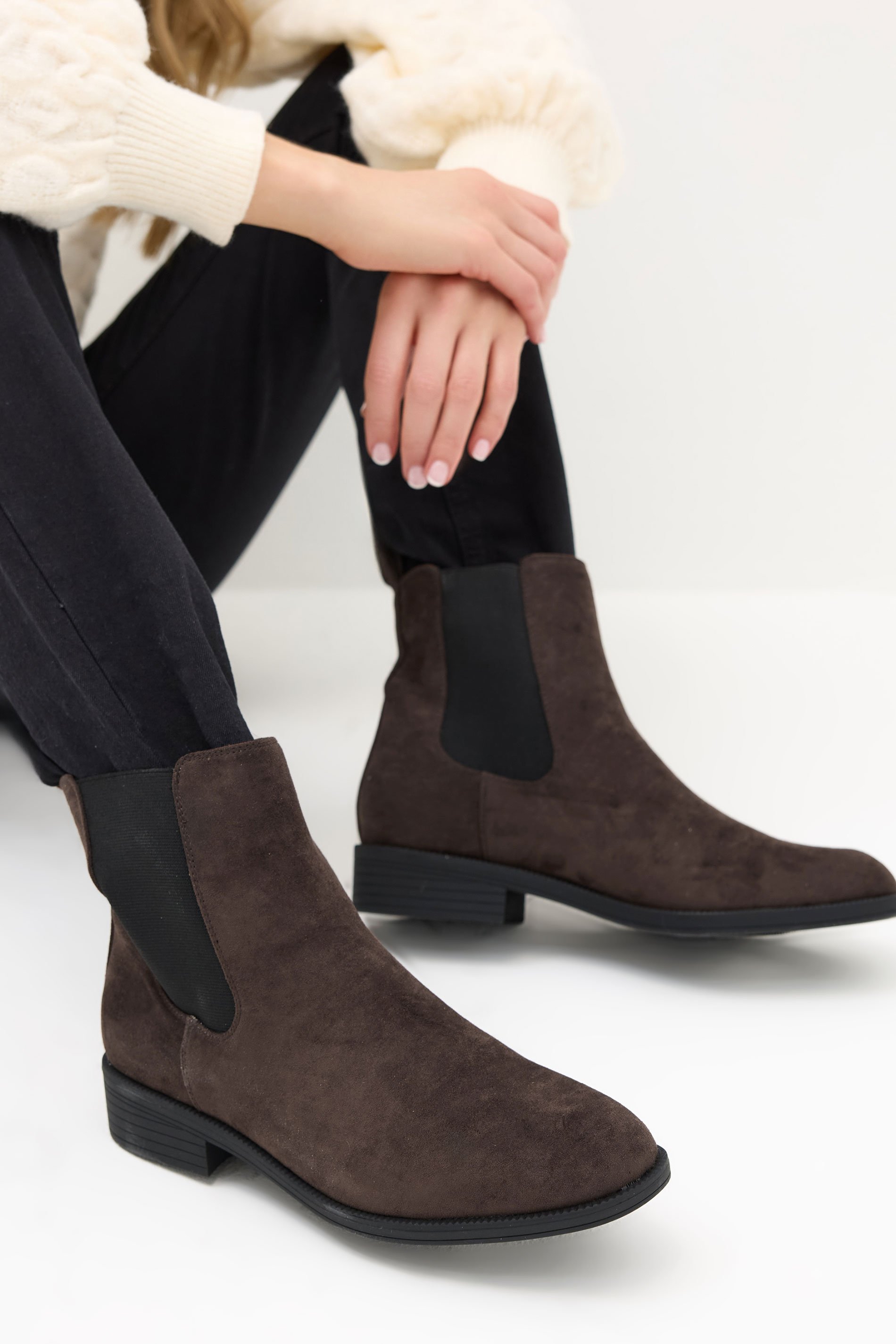 LTS Chocolate Brown Faux Suede Chelsea Ankle Boots In Standard Fit | Long Tall Sally 1