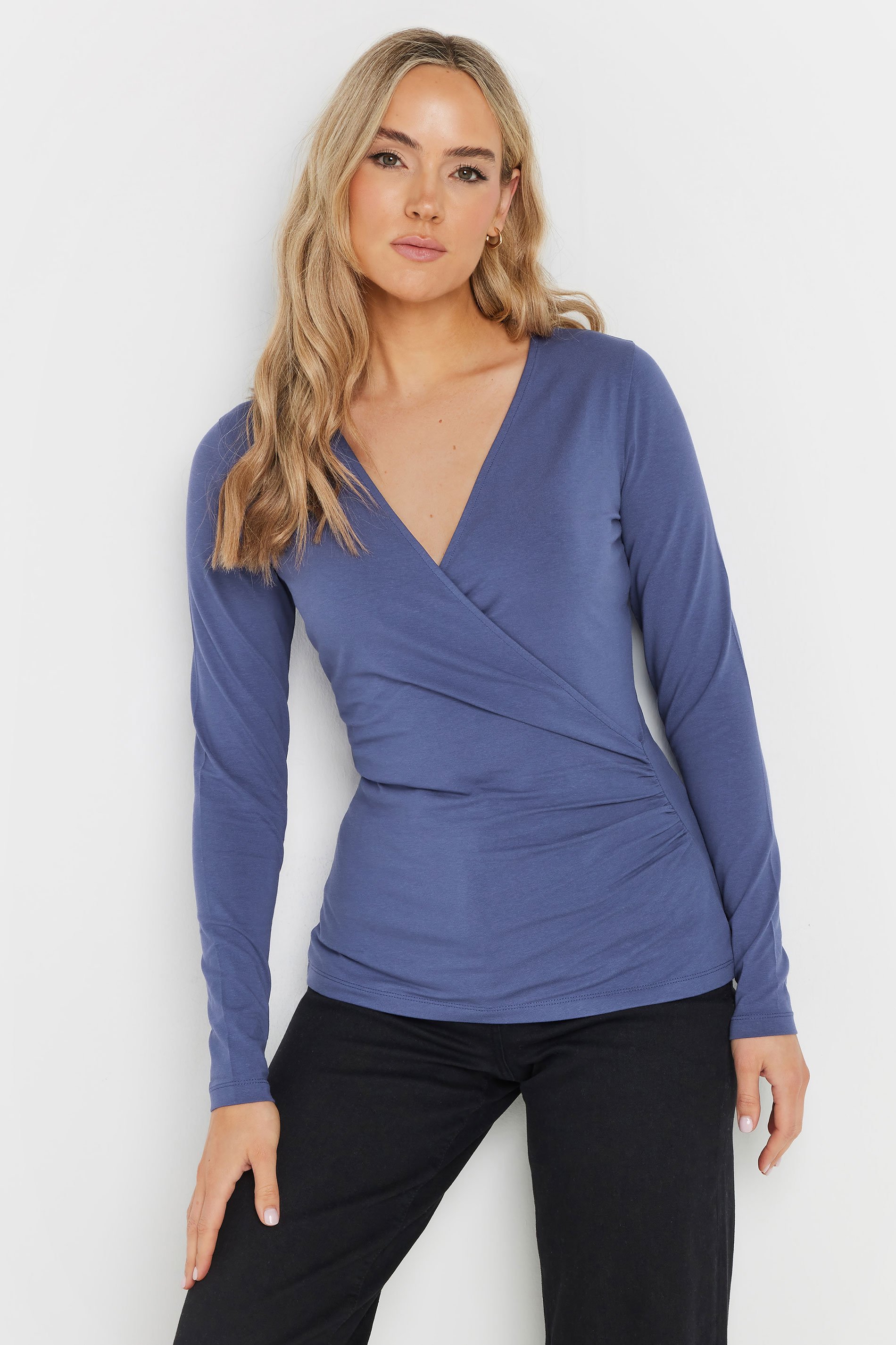 LTS Tall Blue Long Sleeve Wrap Top | Long Tall Sally 1