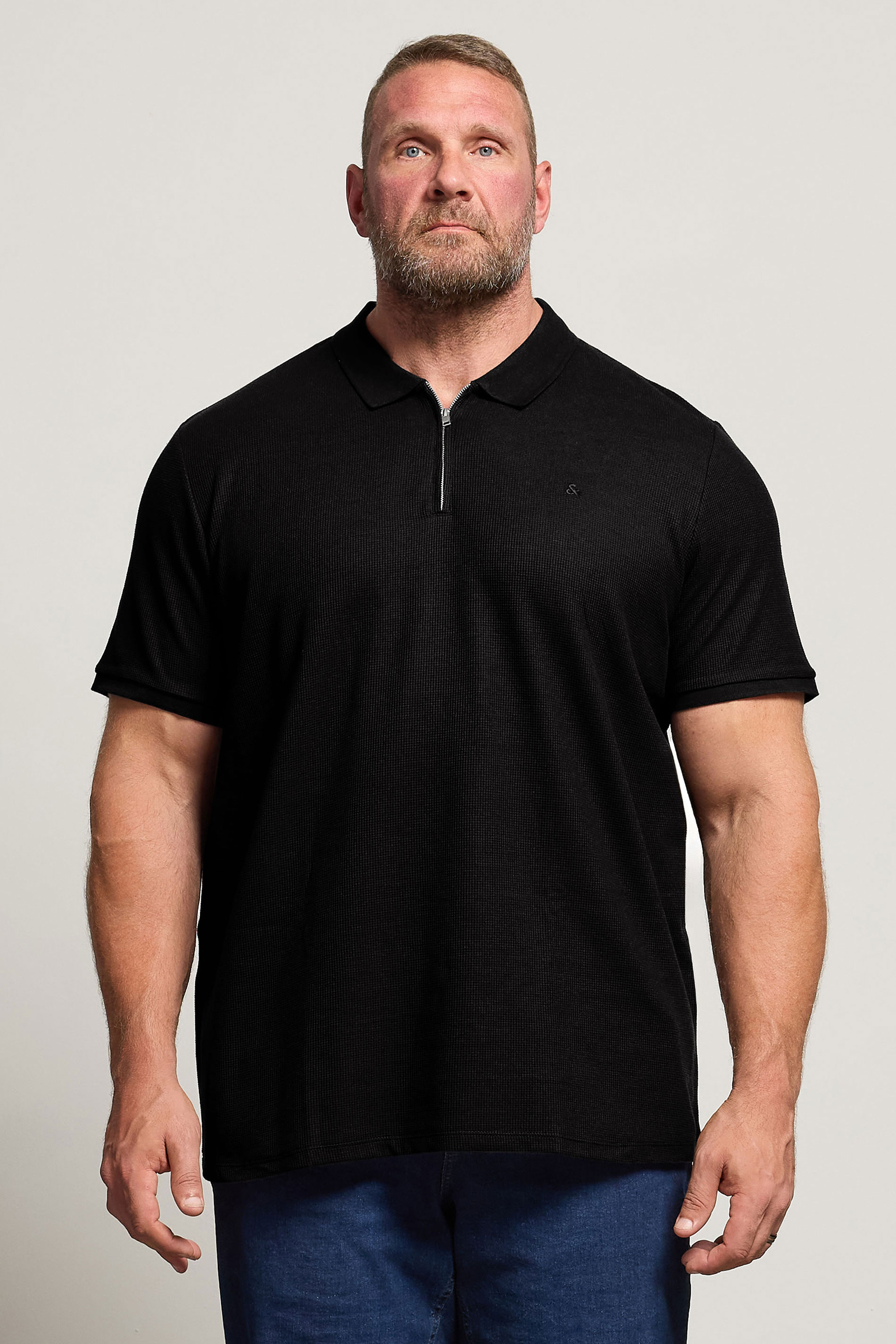 JACK & JONES Big & Tall Black Zip Neck Polo Shirt | BadRhino 1