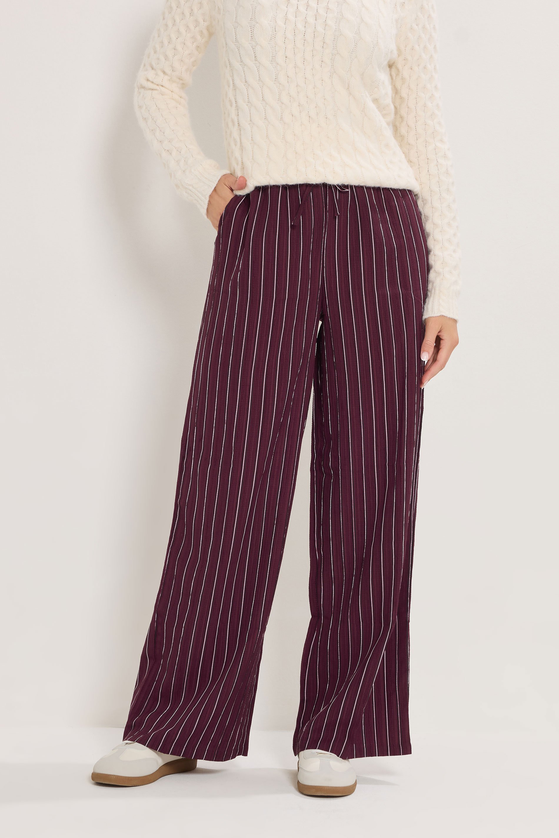 LTS Tall Burgundy Red Striped Wide Leg Trousers | Long Tall Sally 2