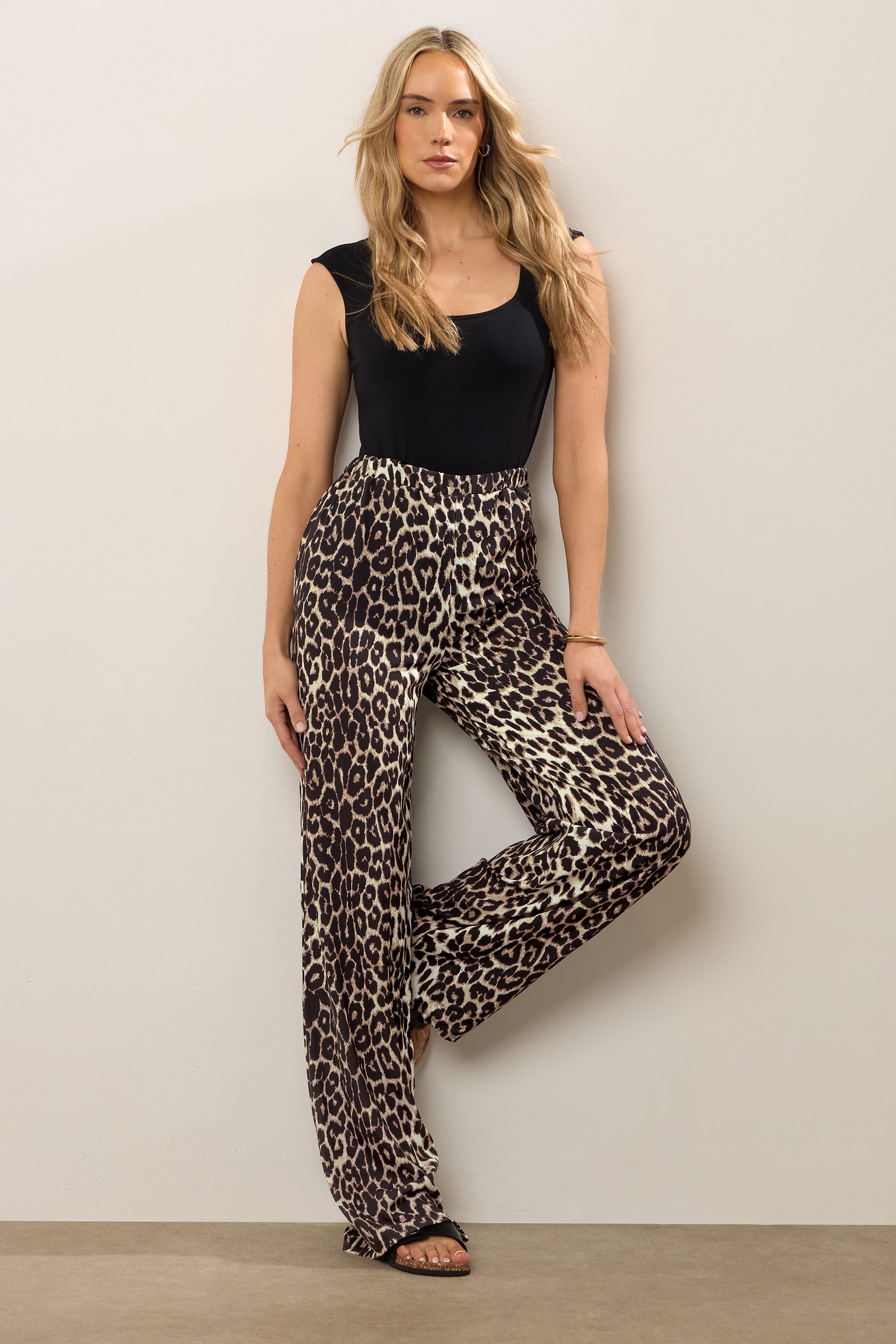 LTS Tall Beige Brown Leopard Print Wide Leg Trousers | Long Tall Sally 1