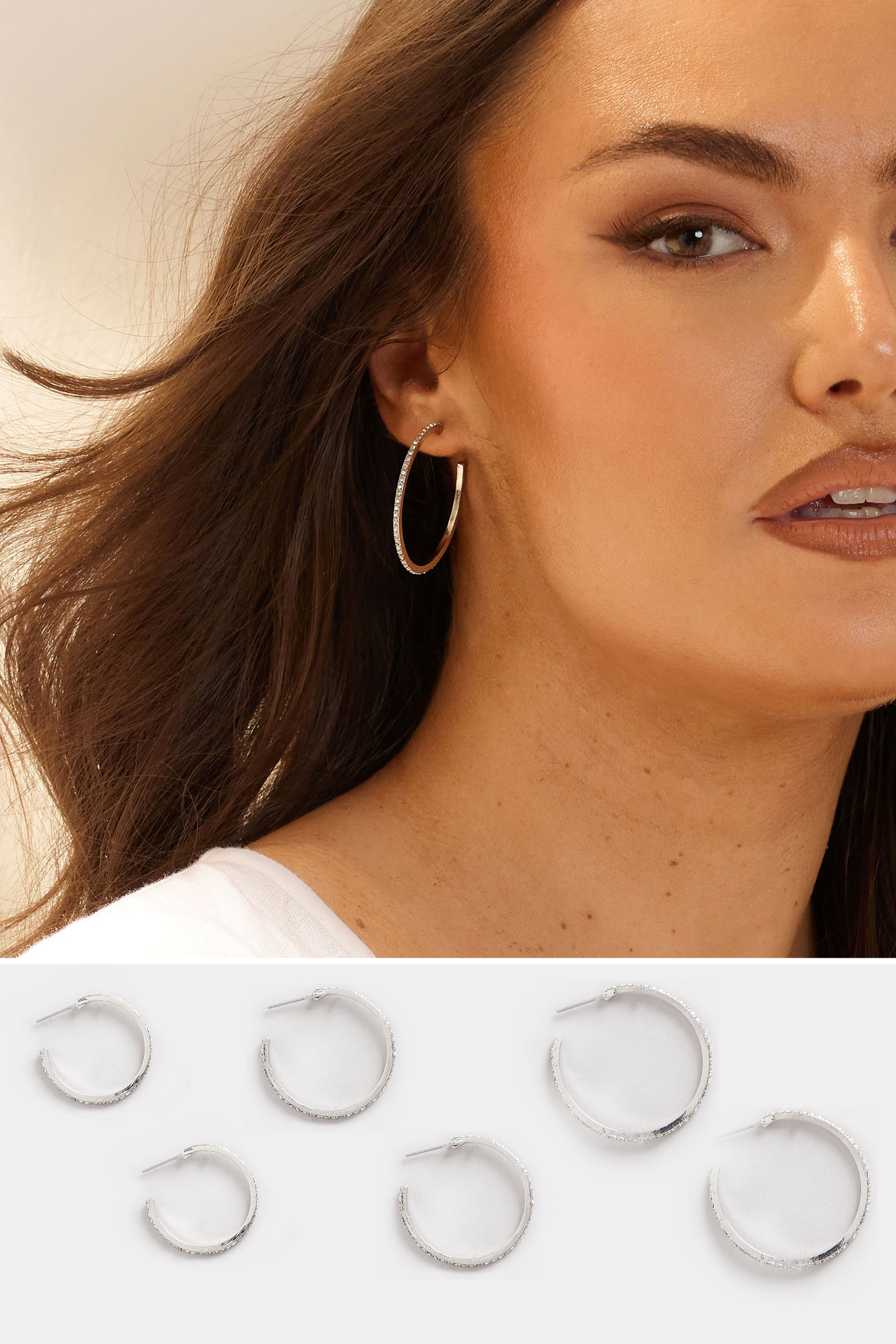 3 PACK Silver Tone Diamante Hoop Earrings Set | Yours Clothing 1