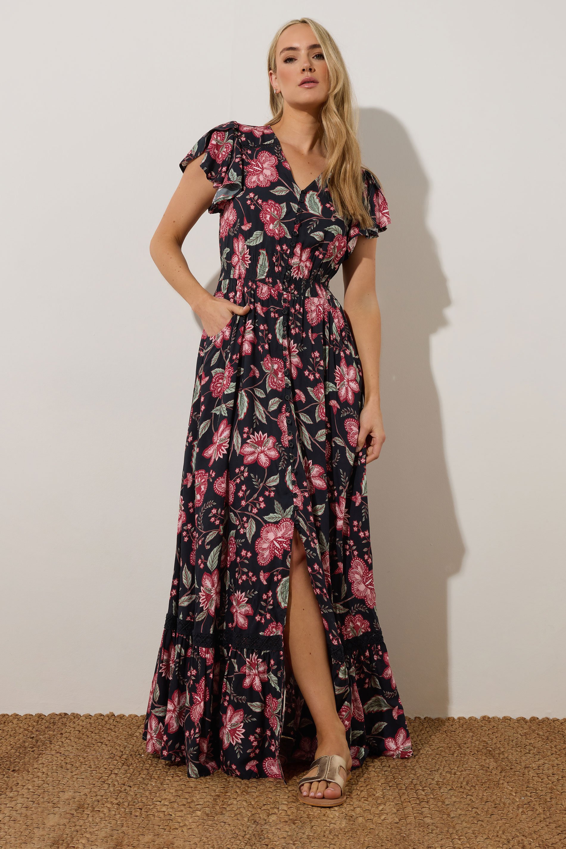 LTS Tall Black Floral Button Lace Insert Maxi Dress | Long Tall Sally 2