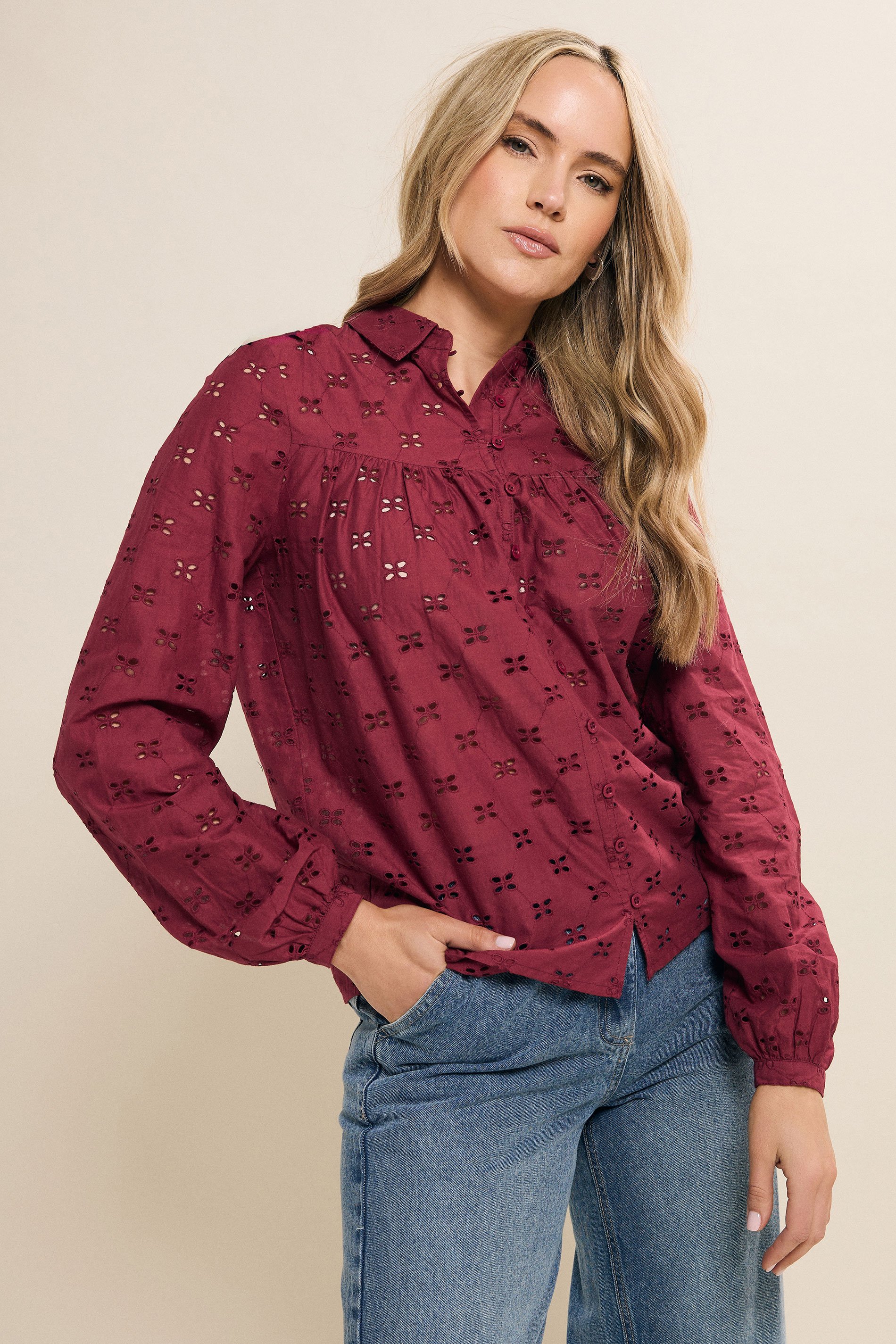 LTS Tall Red Cotton Broderie Yoke Shirt | Long Tall Sally 2