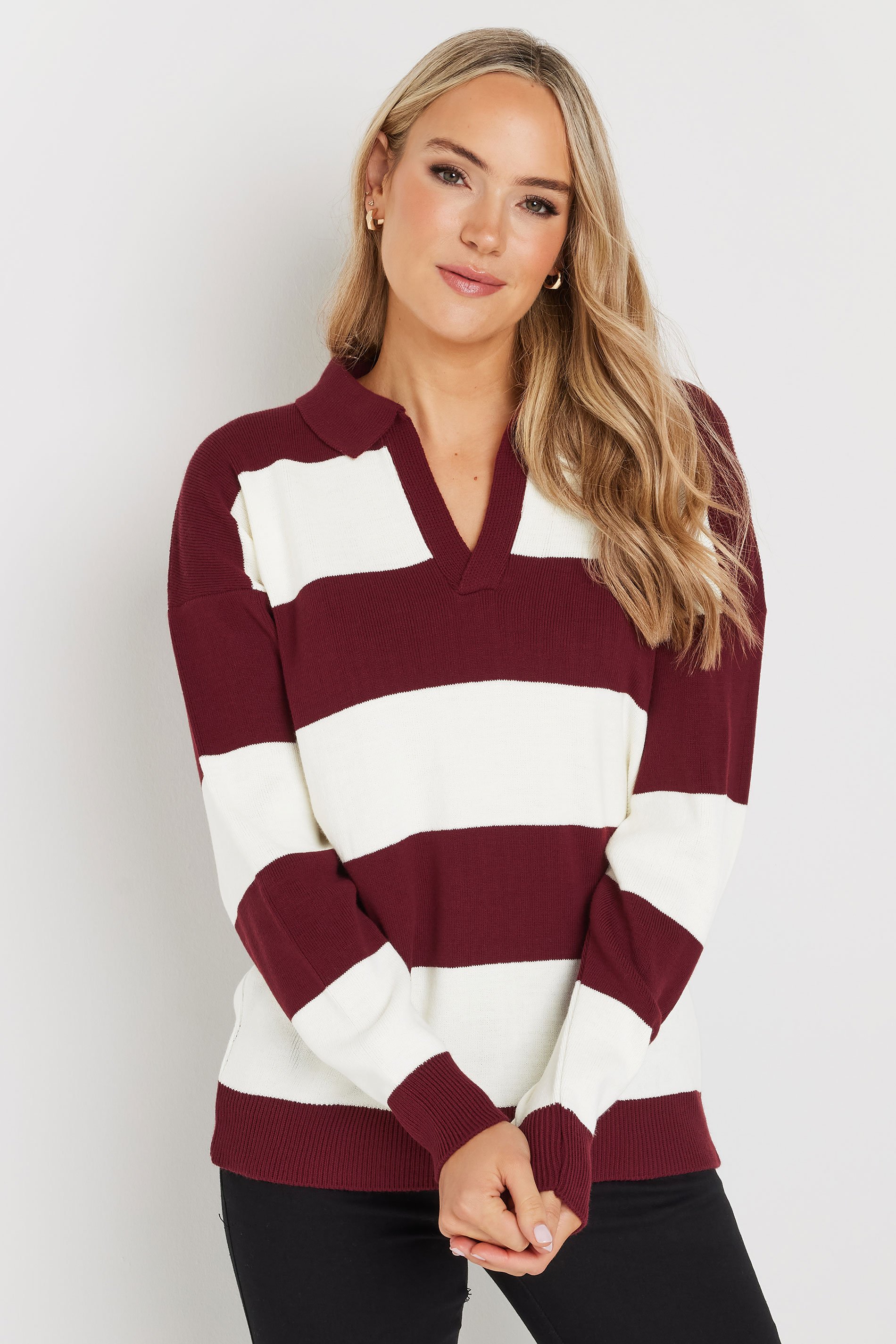 LTS Tall Burgundy Red Knitted Stripe Collared Jumper | Long Tall Sally 1