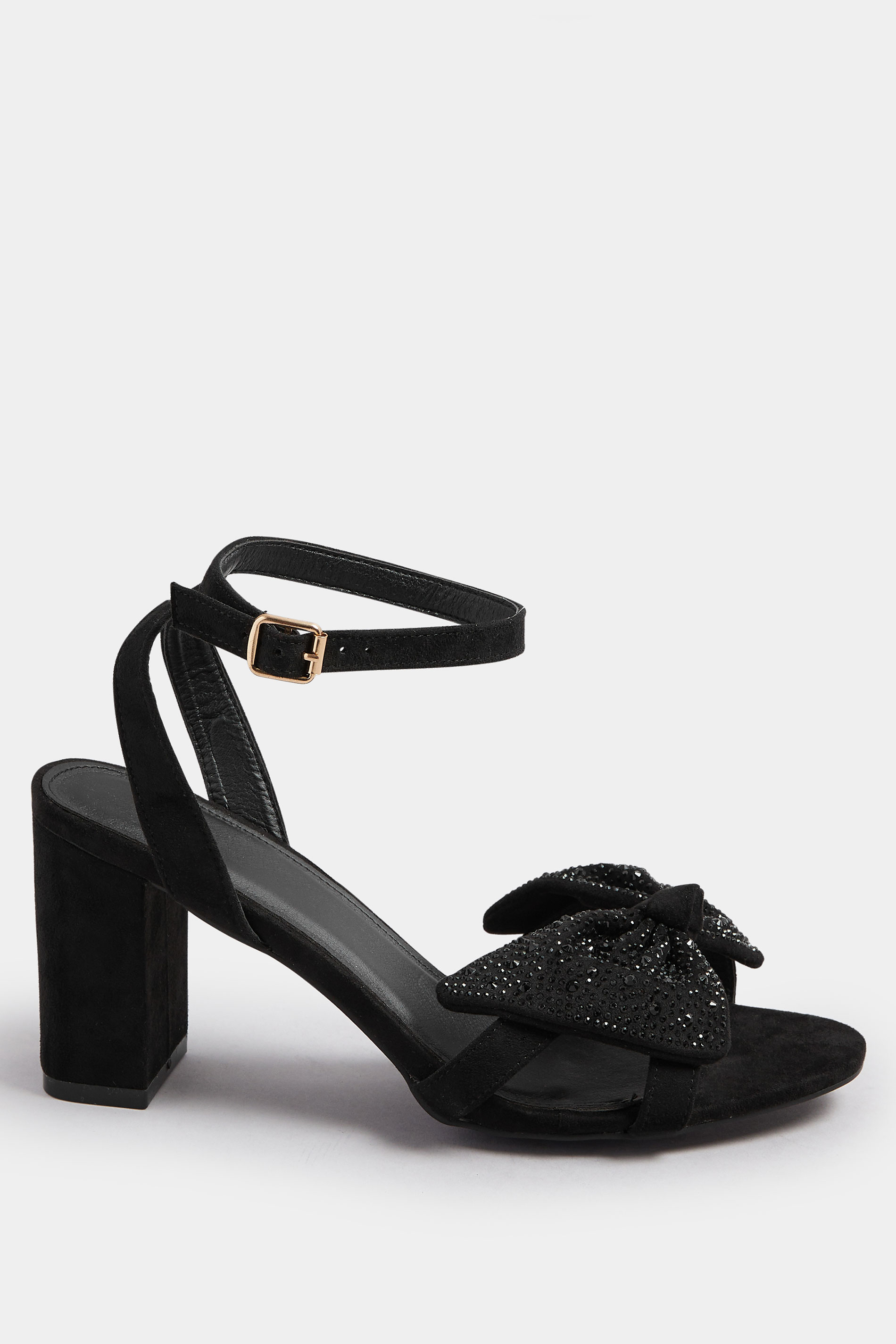 Black Diamante Bow Block Heel Sandals In Extra Wide EEE Fit | Yours Clothing 4