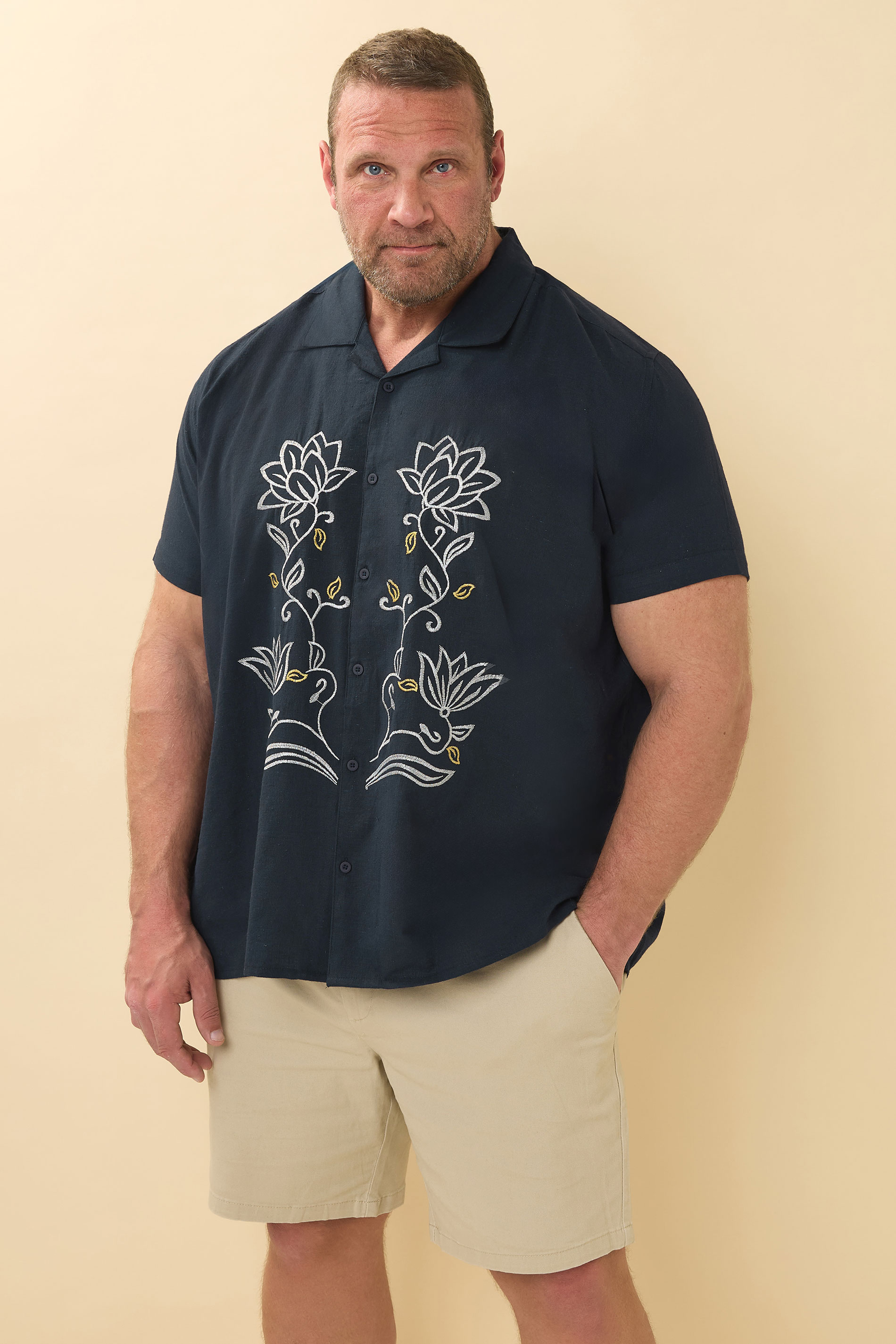 BadRhino Big & Tall Navy Blue Floral Embroidered Shirt | BadRhino 2
