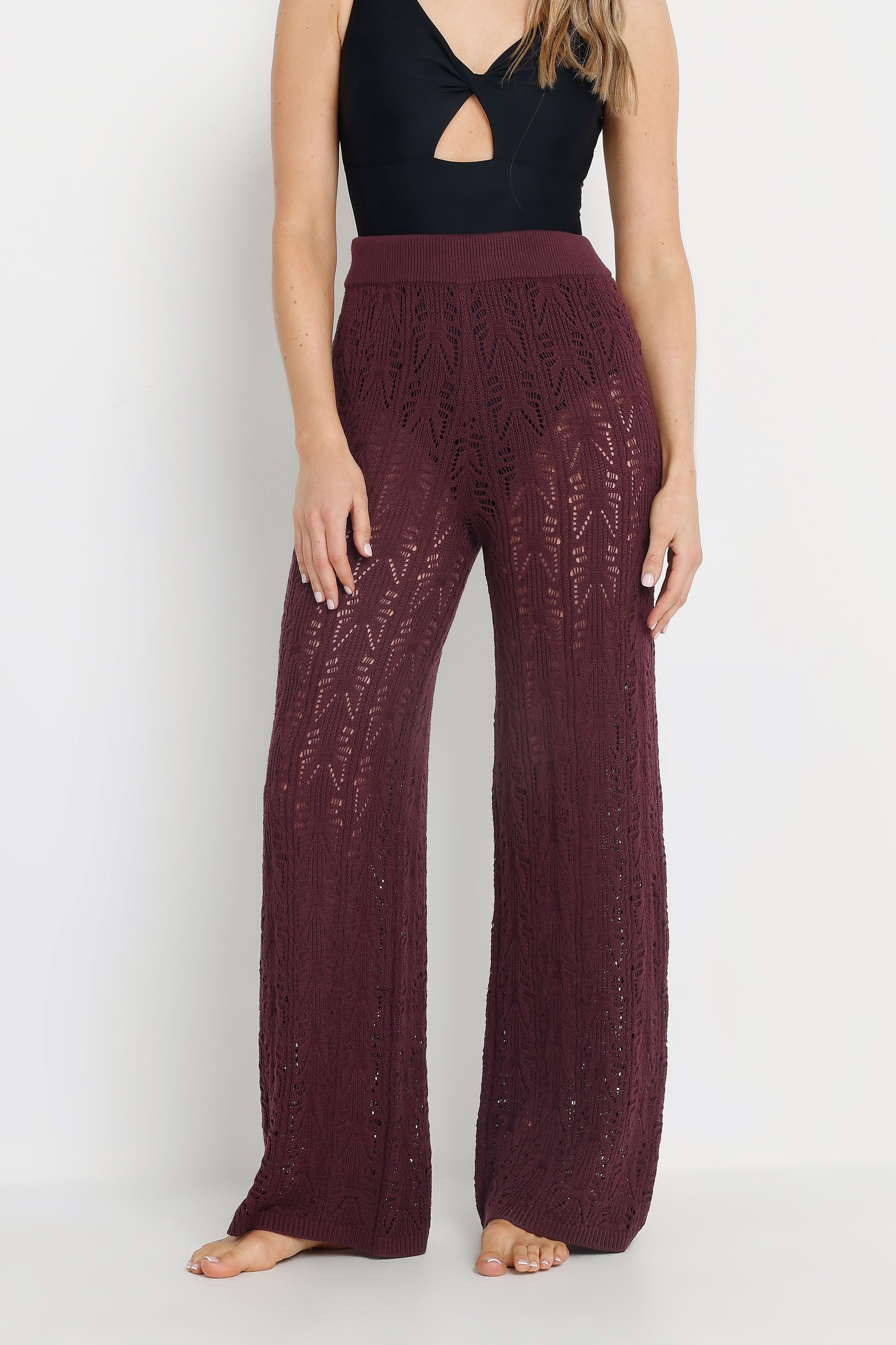 LTS Tall Dark Purple Pointelle Knit Wide Leg Trousers | Long Tall Sally 4