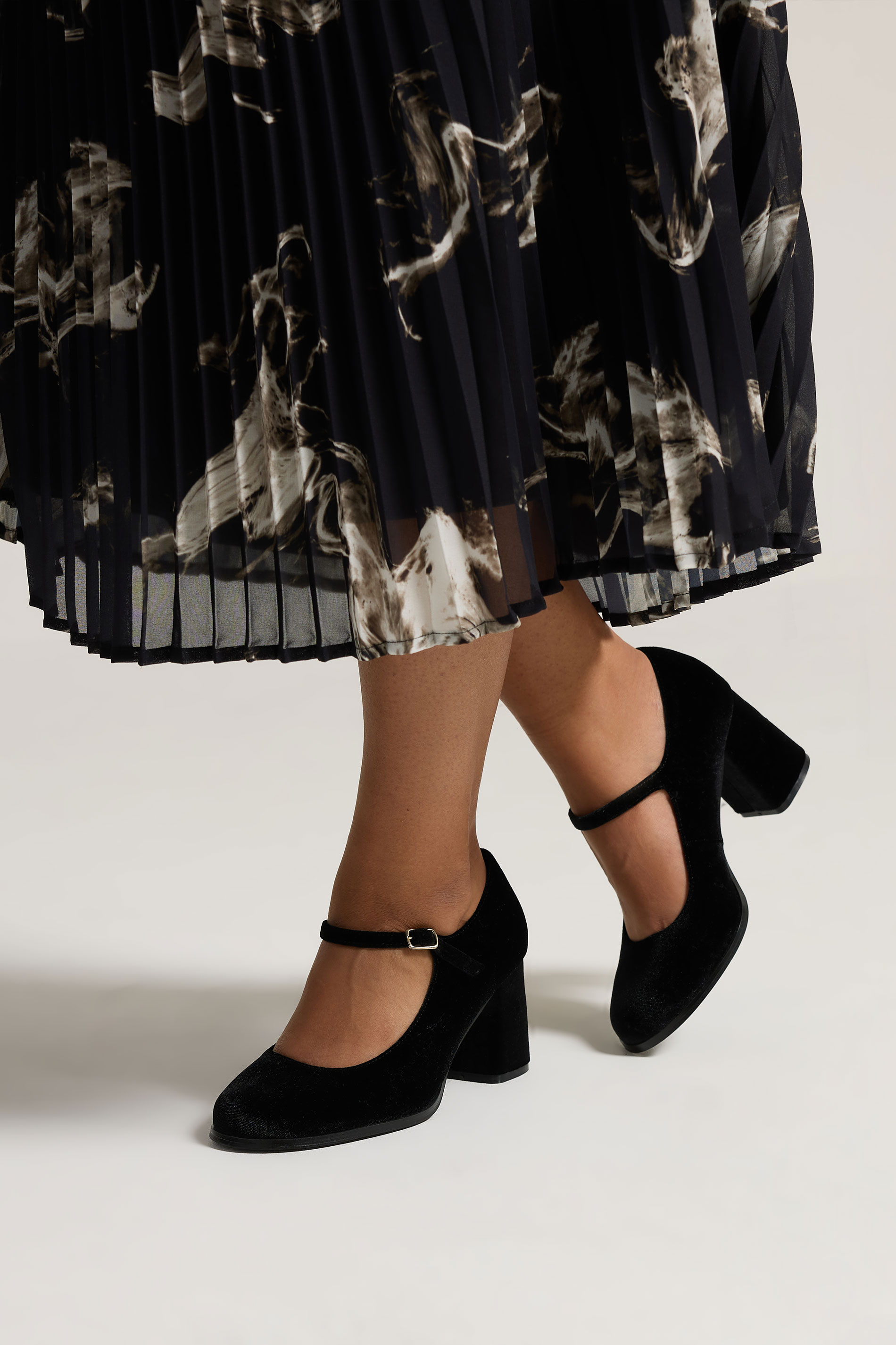 Black Velvet Mary Jane Block Heels In Extra Wide EEE Fit | Yours Clothing 1