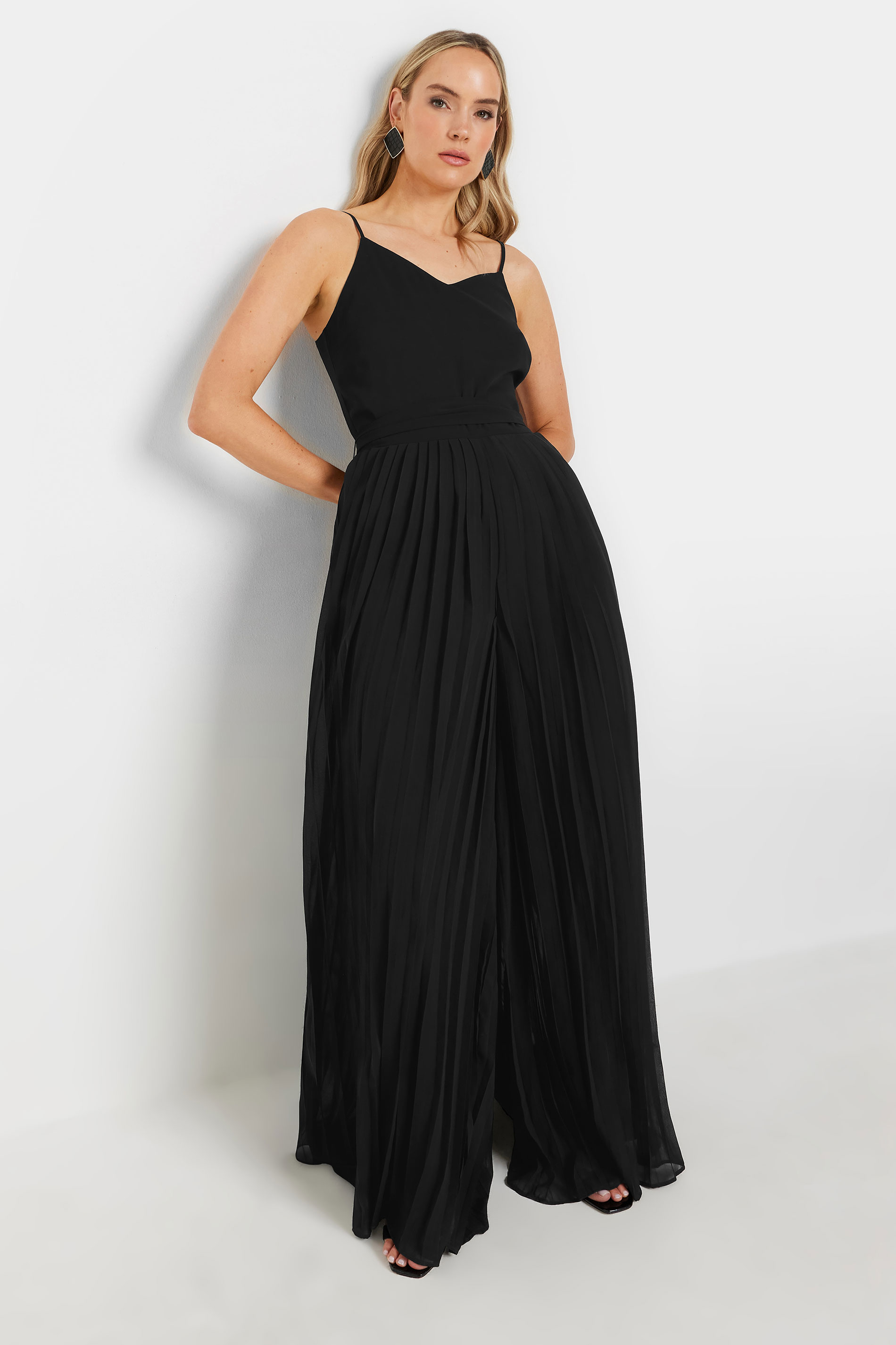 LTS Tall Black Chiffon Pleated Wide Leg Jumpsuit | Long Tall Sally 2