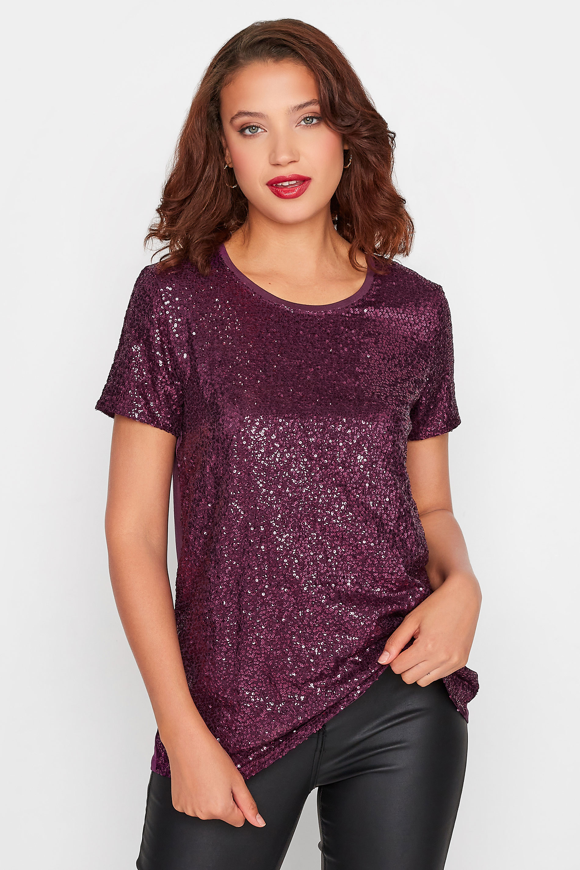 LTS Tall Women's Purple Sequin Embellished Boxy T-Shirt | Long Tall Sally 1