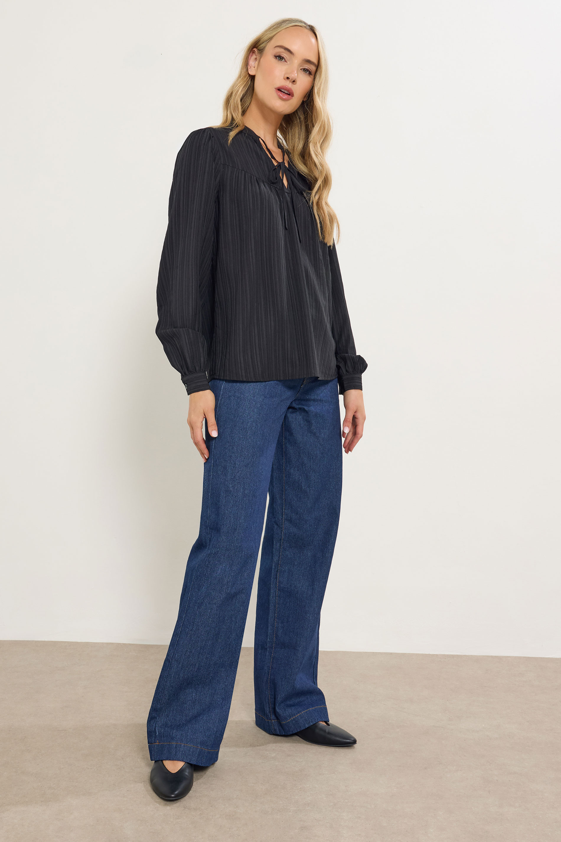 LTS Tall Black Textured Tie Neck Blouse | Long Tall Sally 2