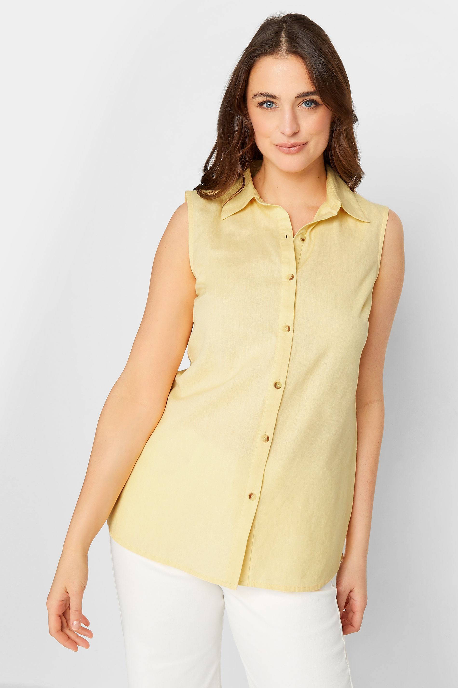 LTS Tall Women's Yellow Sleeveless Linen Blend Shirt | Long Tall Sally  1