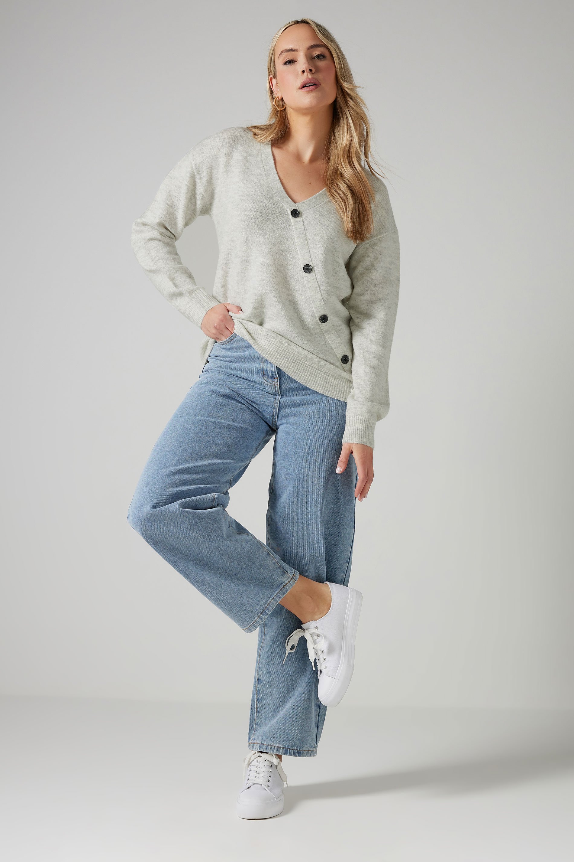 LTS Tall Grey Marl Knit Wrap Button Jumper | Long Tall Sally 3