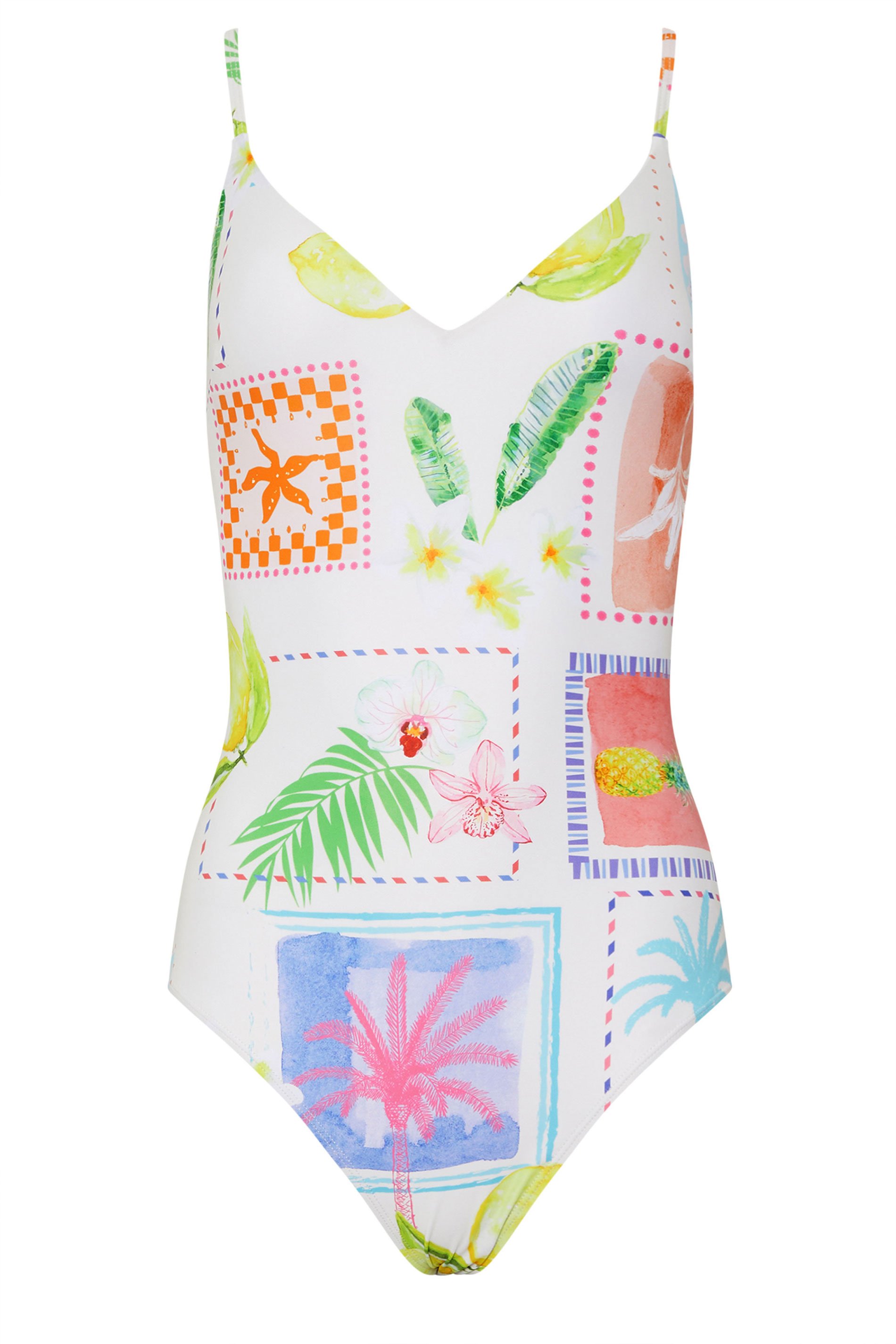 LTS Tall Women's White Graphic Postcard Print Swimsuit | Long Tall Sally 1