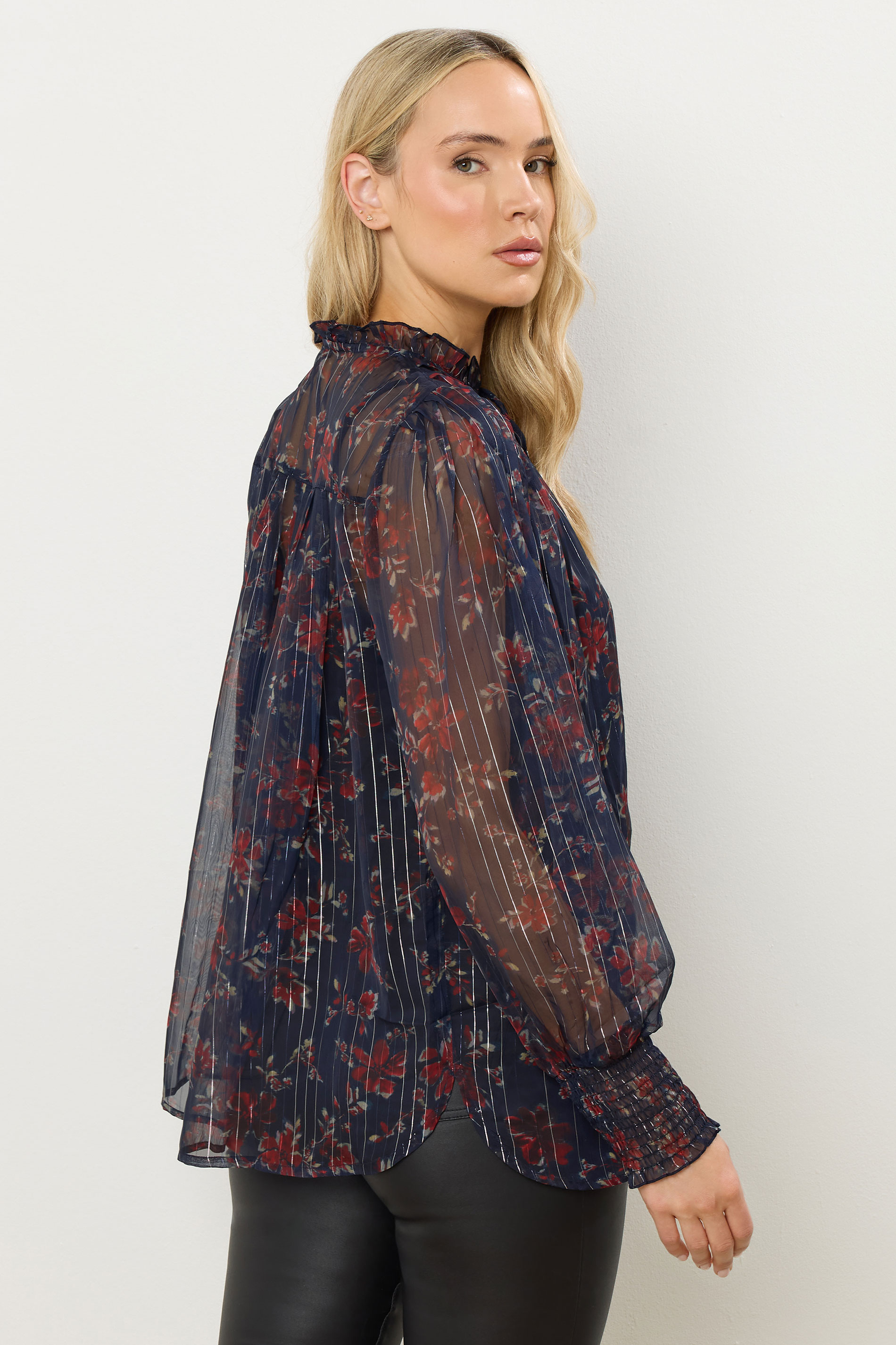 LTS Tall Navy Blue Floral Print Frill Neck Blouse | Long Tall Sally 4