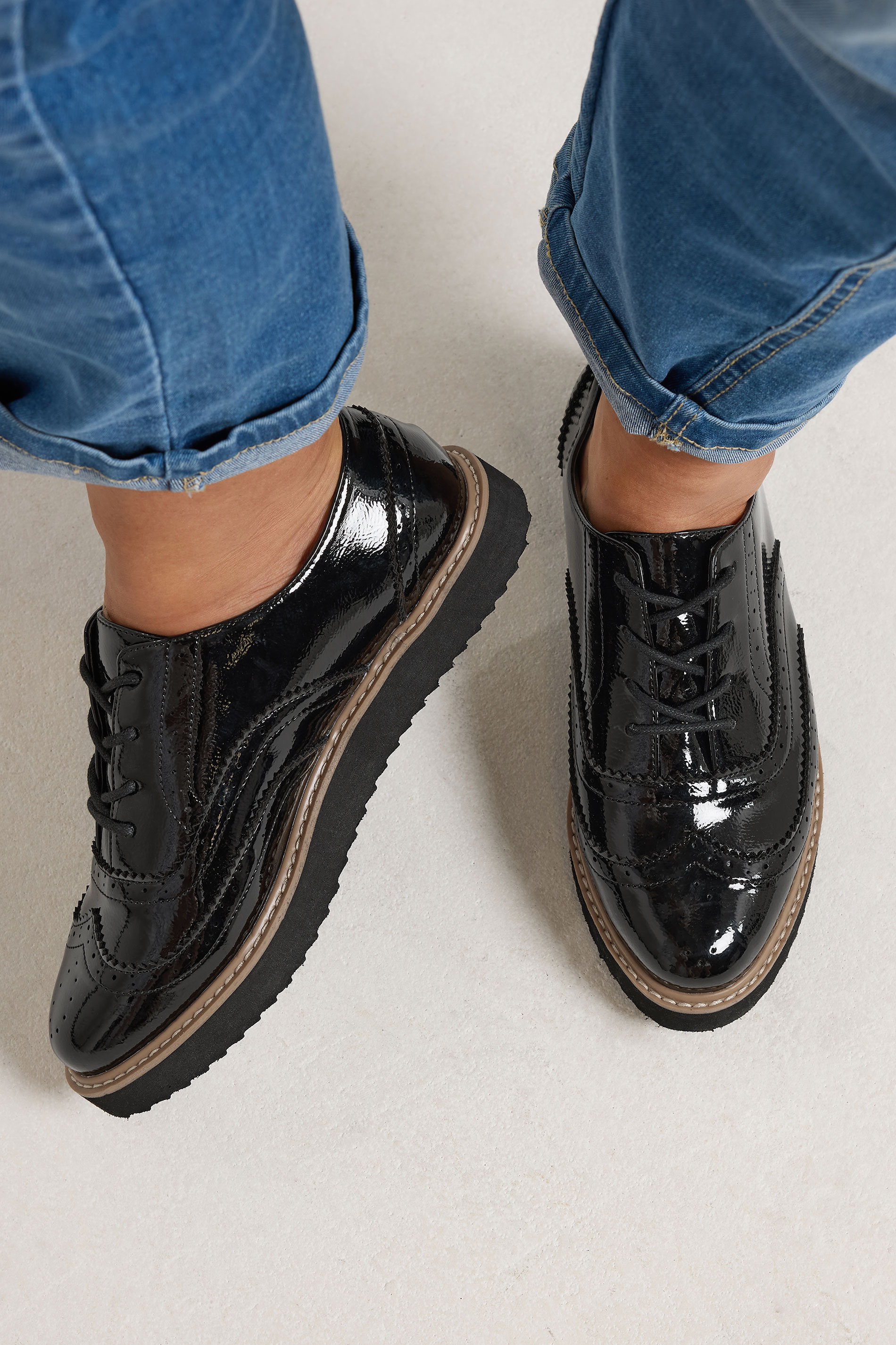 Black Faux Leather Lace Up Brogue Flats In Extra Wide EEE Fit | Yours Clothing 1