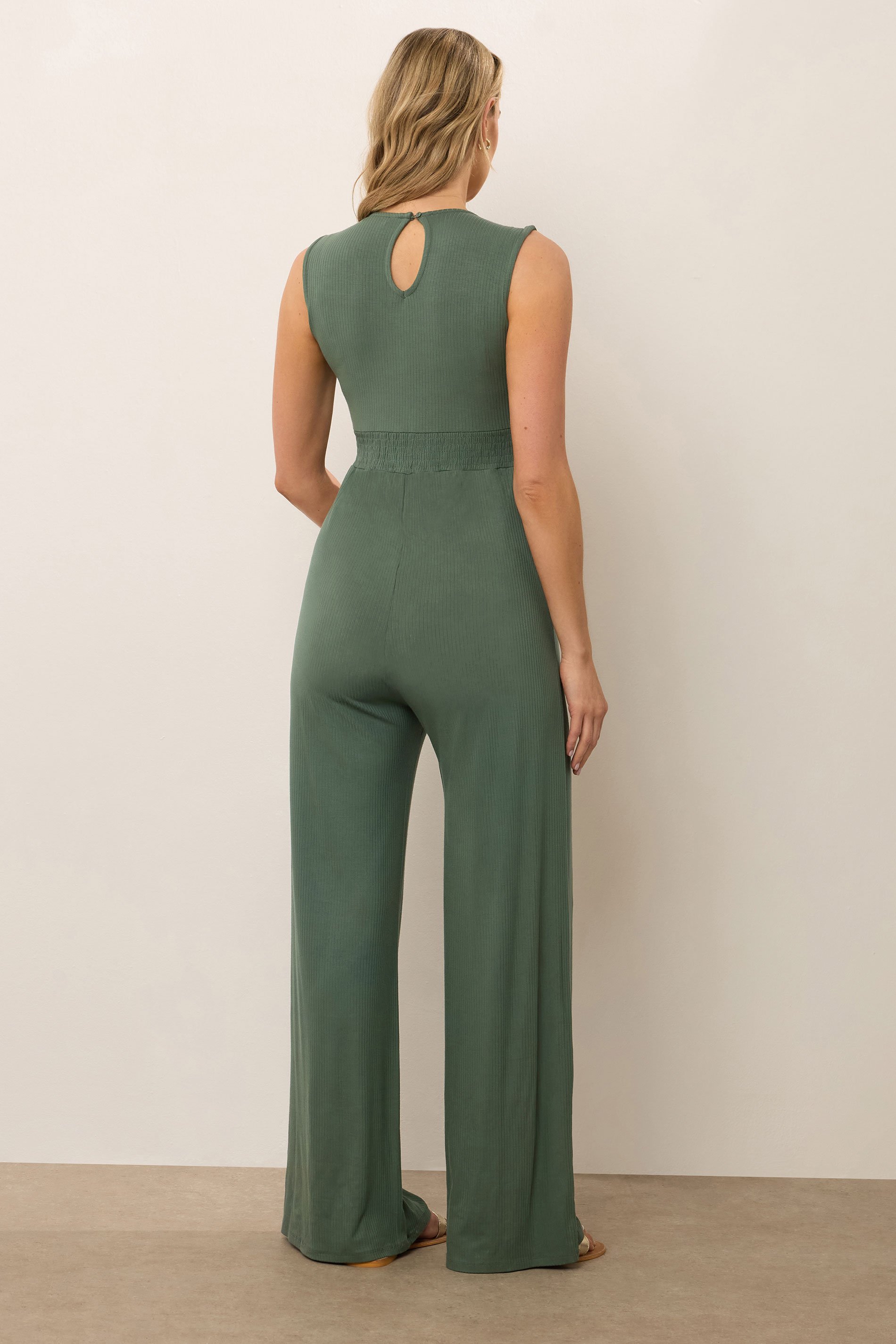 LTS Tall Women's Maternity Khaki Green Shirred Wide Leg Jumpsuit | Long Tall Sally 3