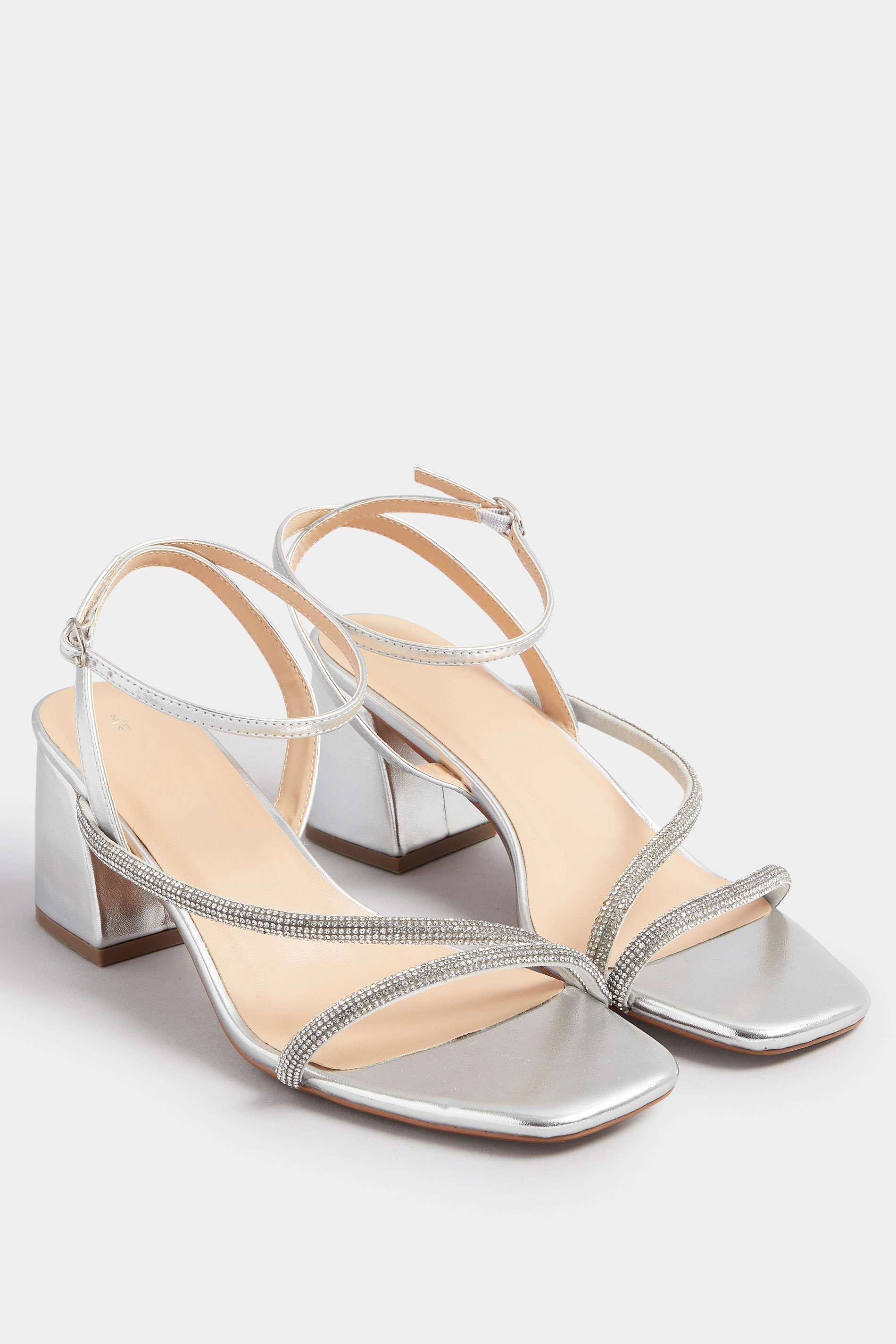 Silver Diamante Block Heel Sandals In Extra Wide EEE Fit | Yours Clothing 2