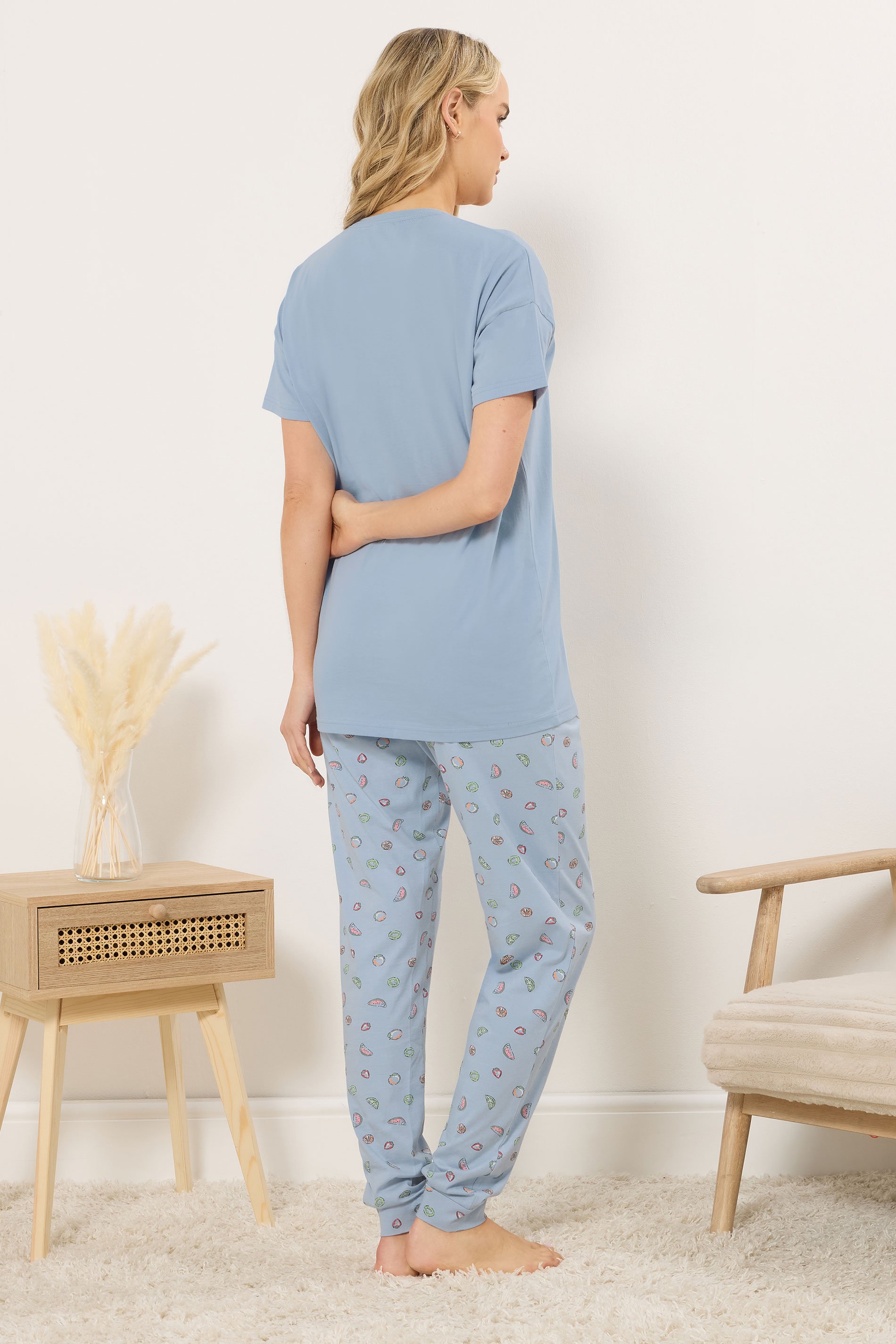LTS Tall Women's Blue Summer Fruits 'Amalfi Coast' Slogan Pyjama Set | Long Tall Sally  3