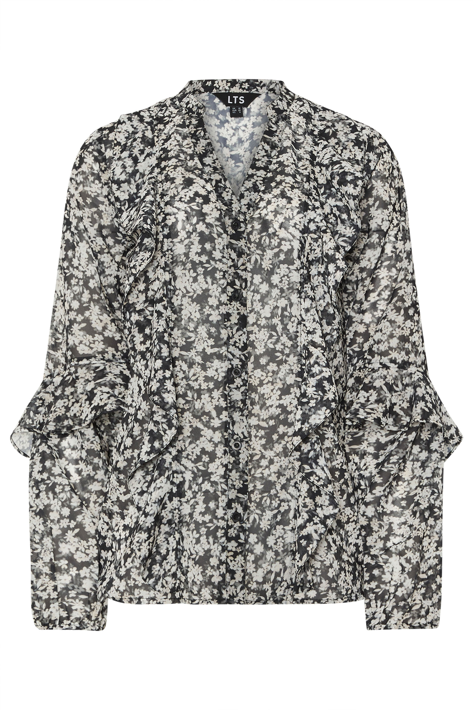 LTS Tall Black Ditsy Floral Frill Shirt | Long Tall Sally 5
