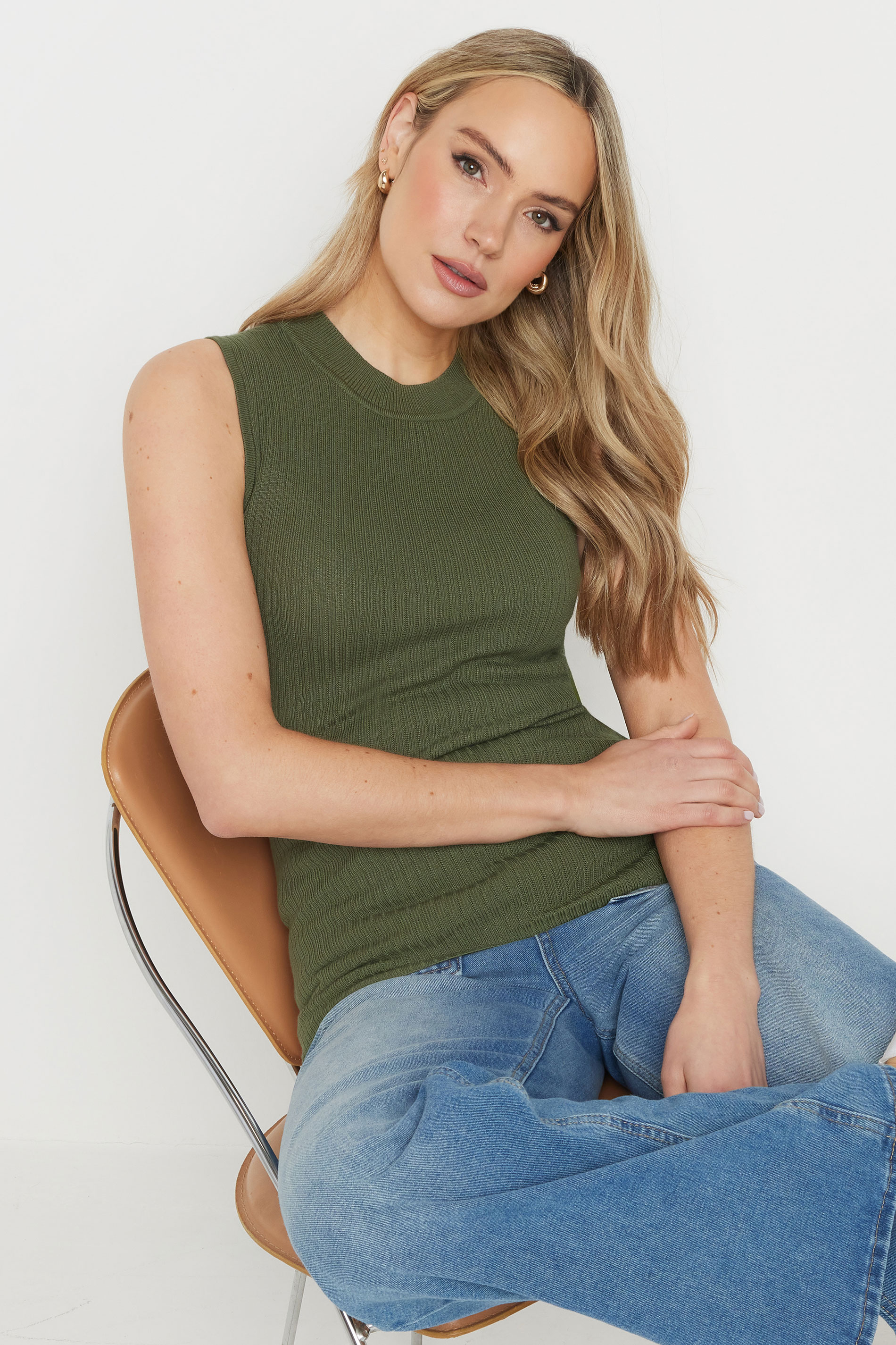 LTS Tall Khaki Green Knitted Ribbed Vest Top | Long Tall Sally 1