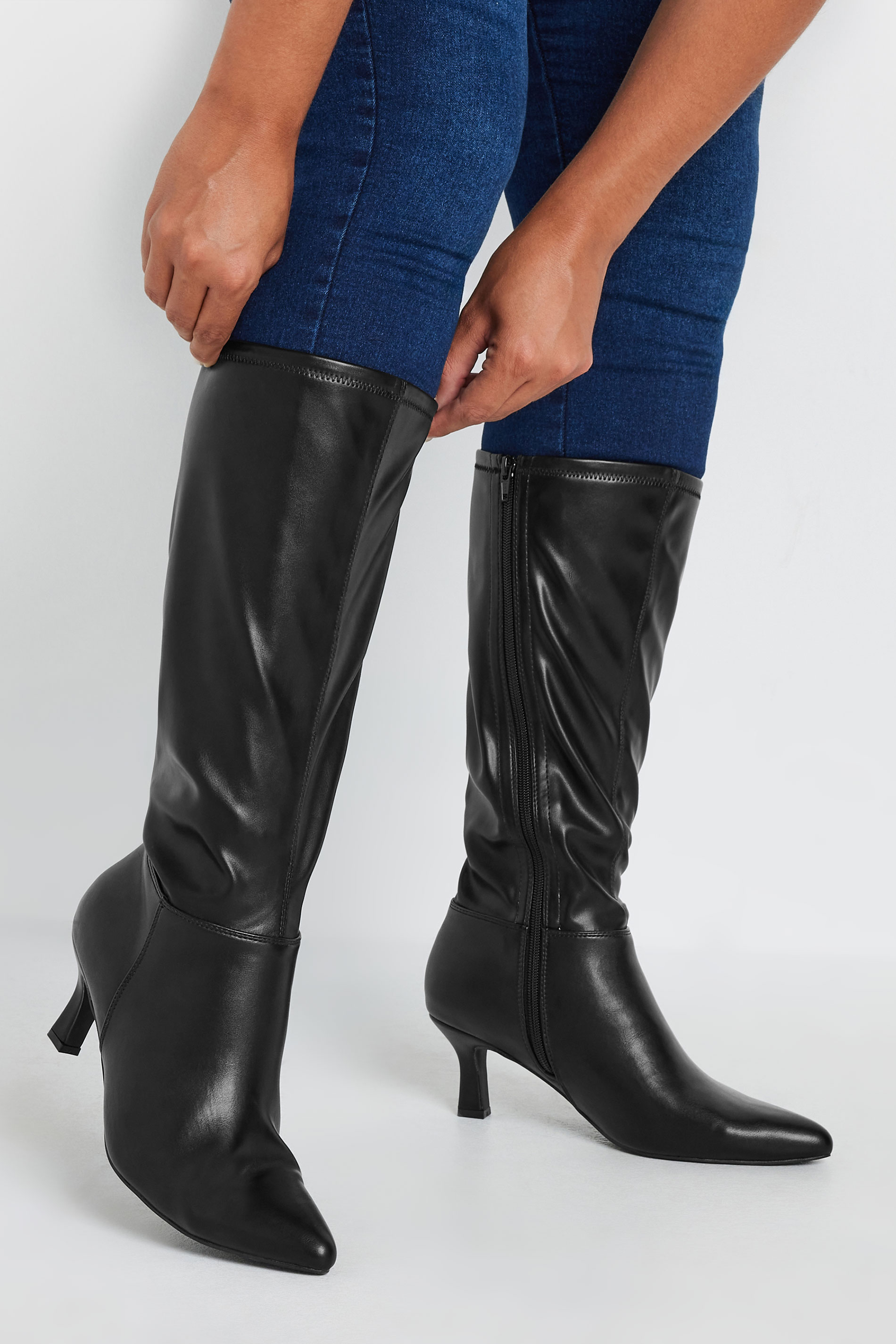 Black Faux Leather Knee High Pointed Boots In Extra Wide EEE Fit | Yours Clothing 1