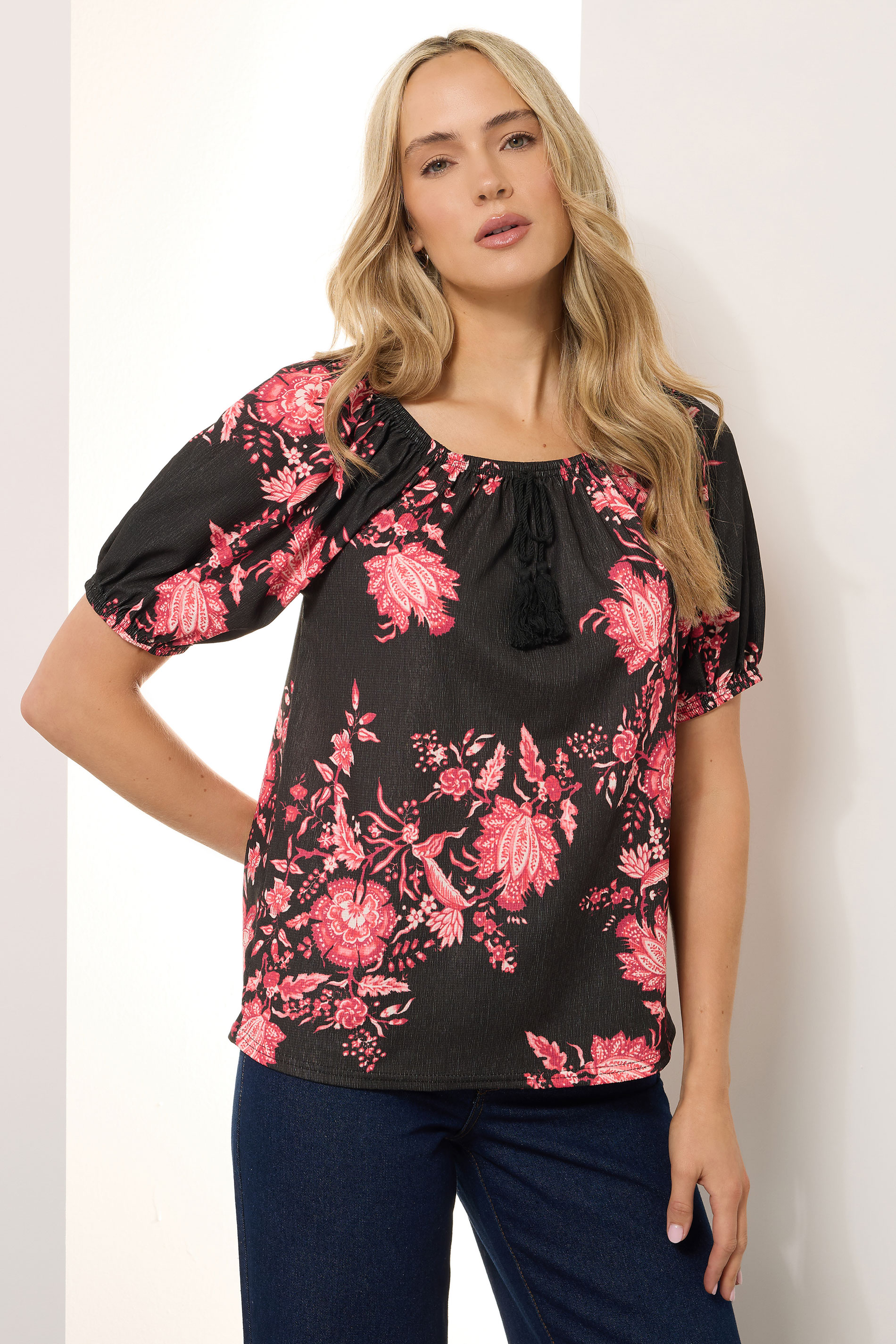 LTS Tall Women's Black Floral Print Tie Front Top | Long Tall Sally 2