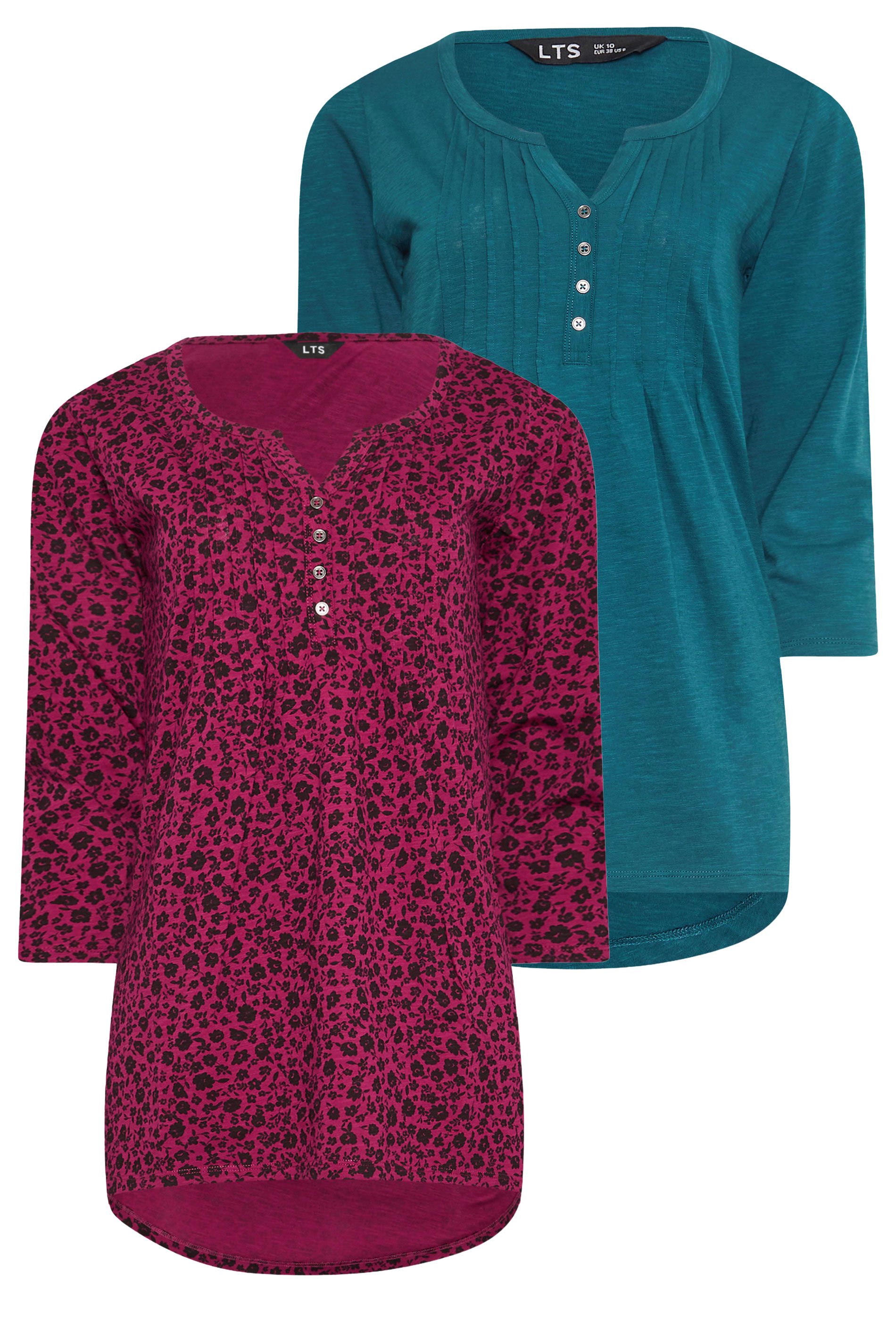 LTS Tall 2 PACK Teal Blue & Dark Pink Henley Tops | Long Tall Sally 7