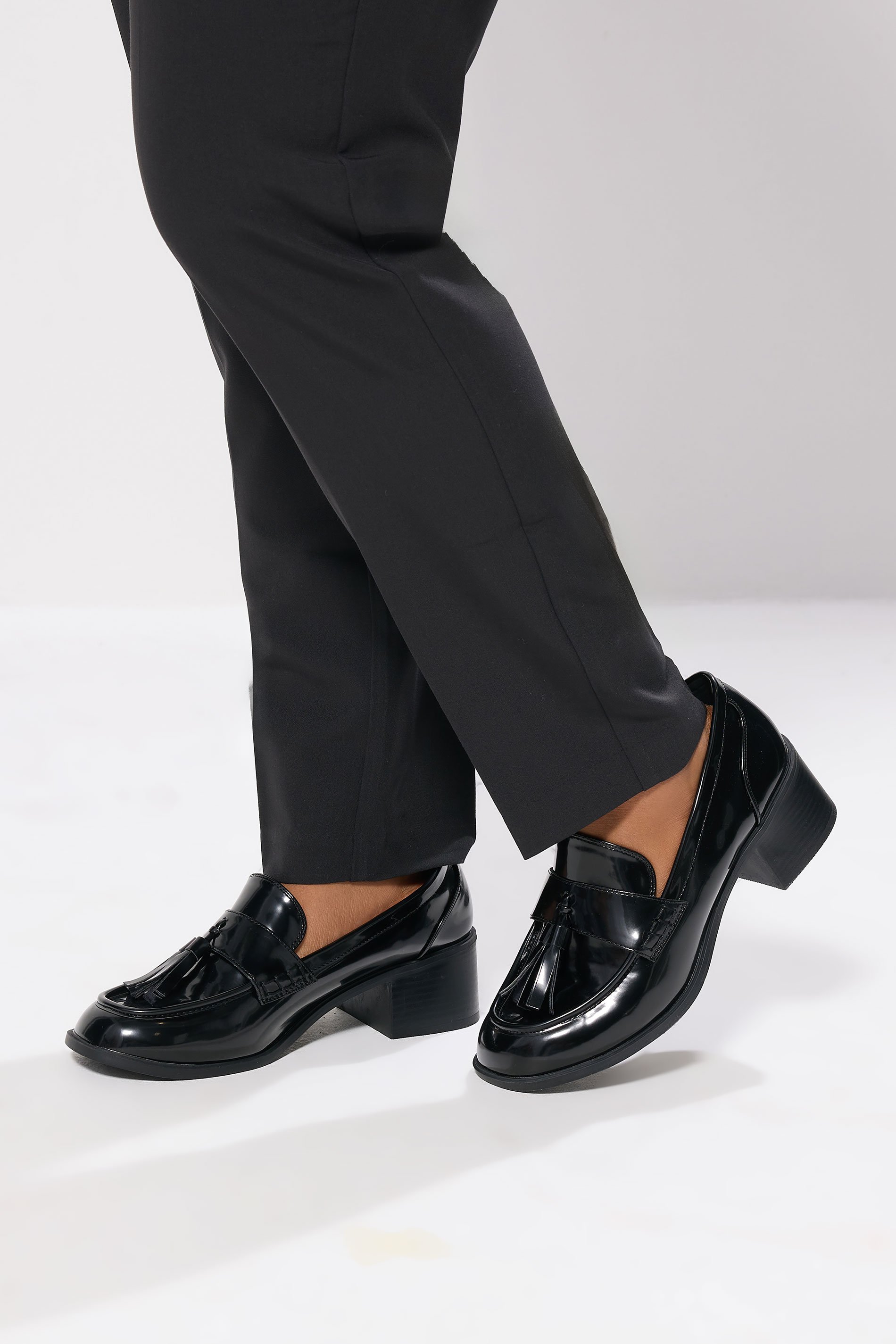Black Patent Heeled Tassel Loafers In Extra Wide EEE Fit | Yours Clothing 1