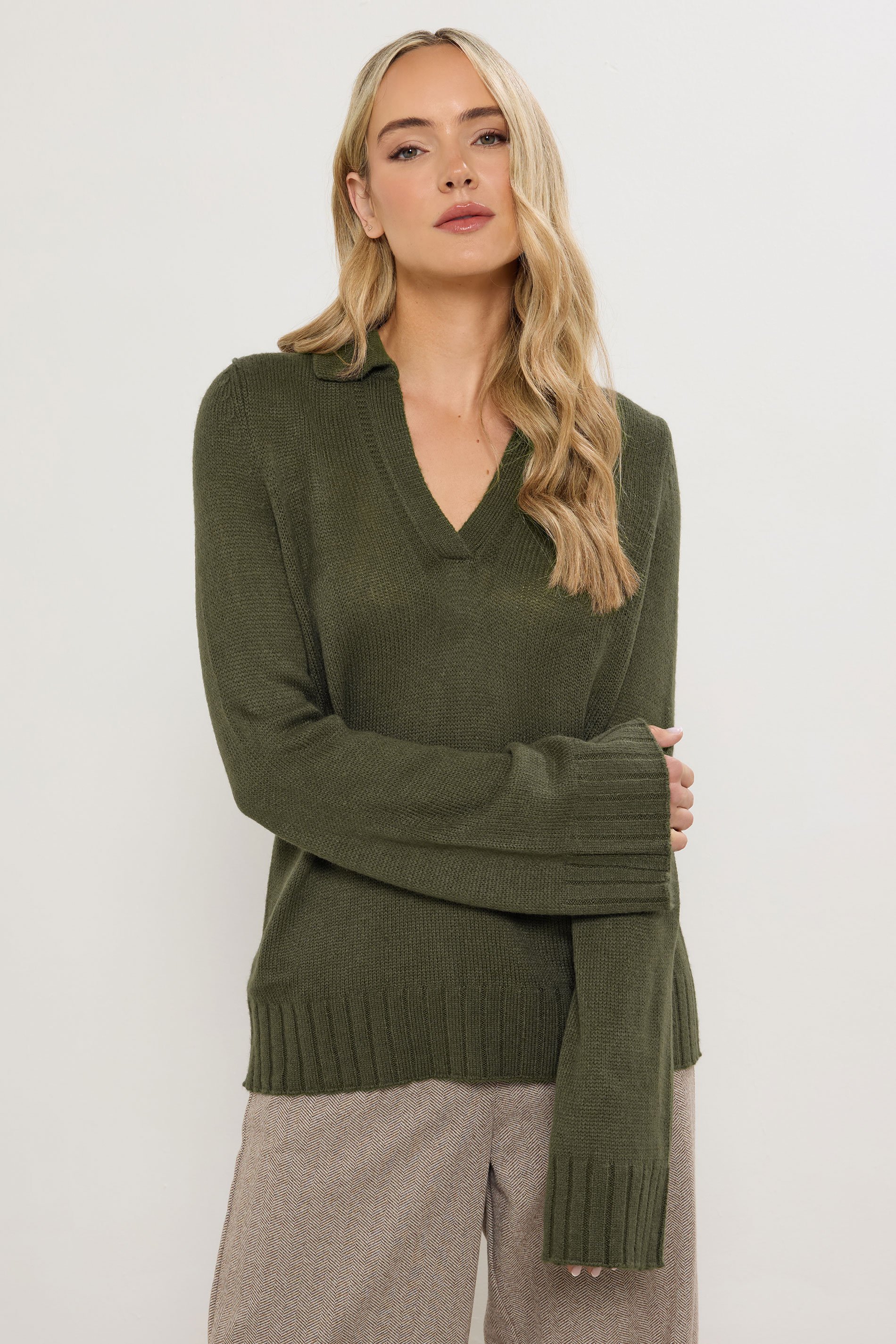 LTS Tall Khaki Green Knitted Collared Jumper | Long Tall Sally 1