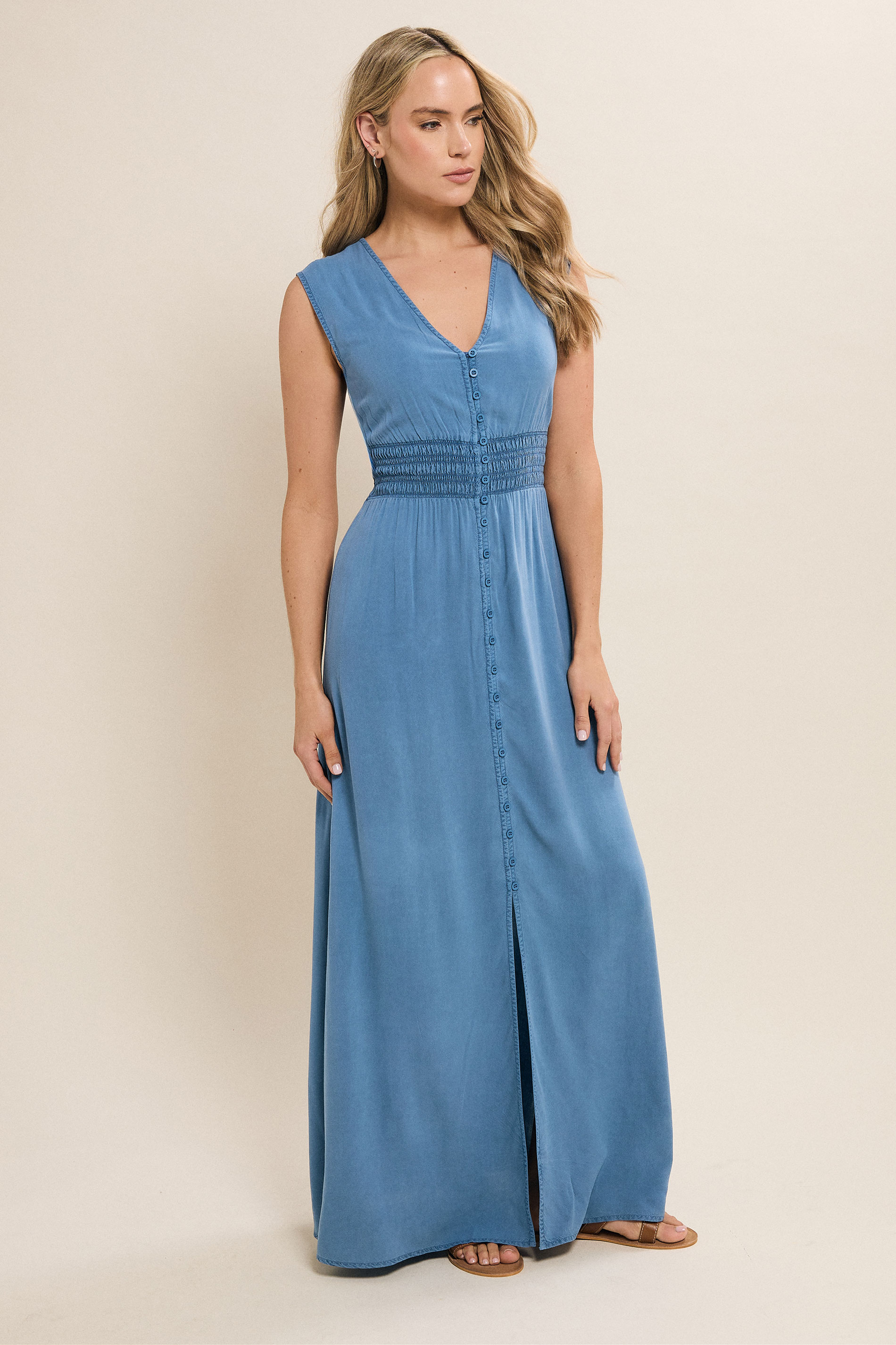 LTS Tall Blue Acid Wash Shirred Maxi Dress | Long Tall Sally 3