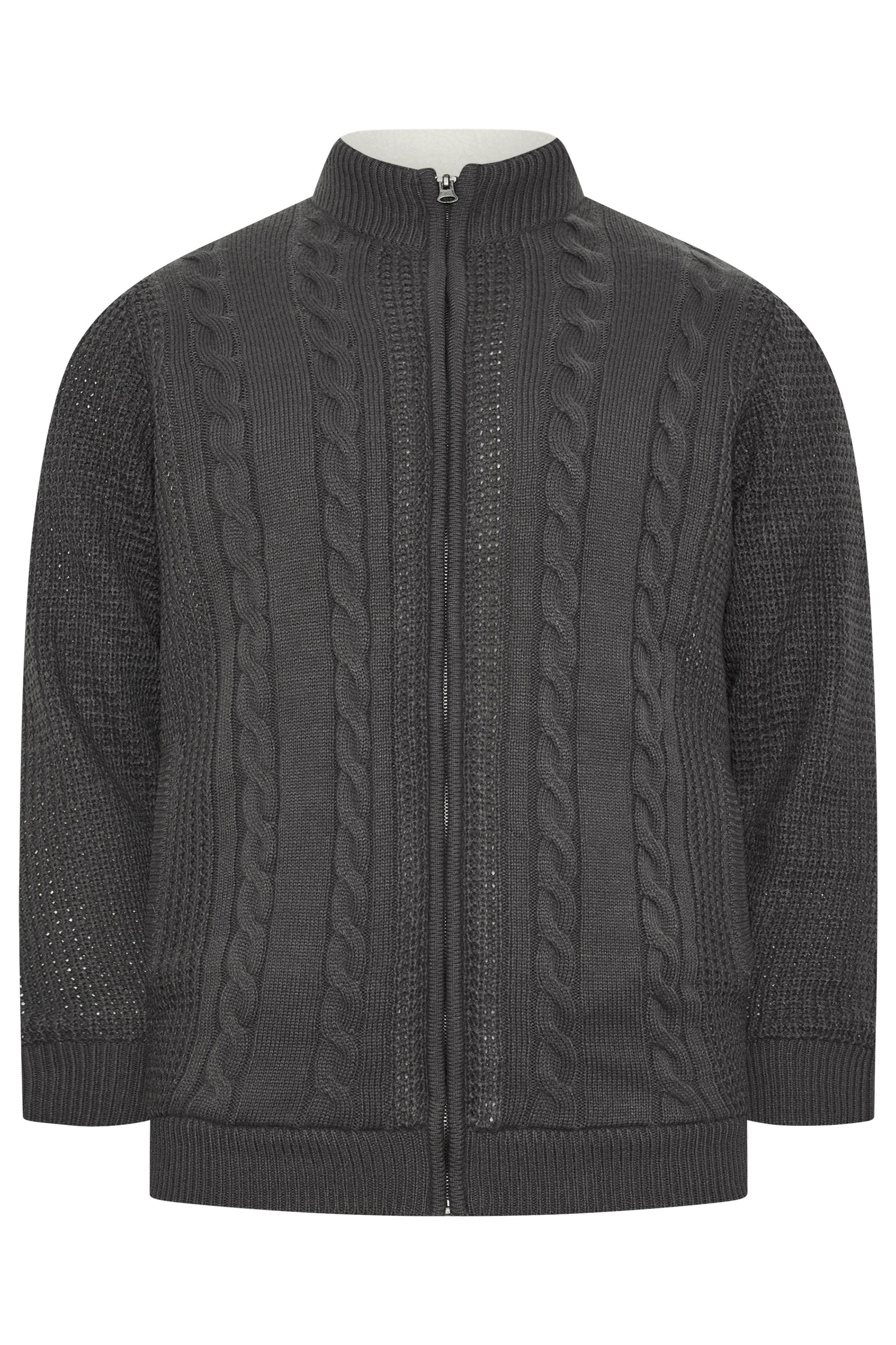 BadRhino Big & Tall Charcoal Grey Sherpa Lined Zip Through Cable Jumper | BadRhino 6