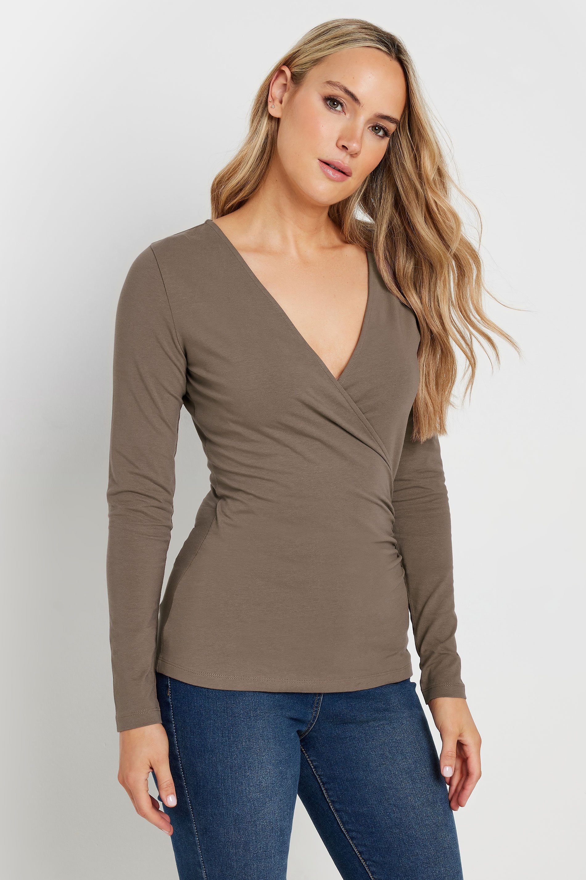 LTS Tall Mocha Brown Long Sleeve Wrap Top | Long Tall Sally 1