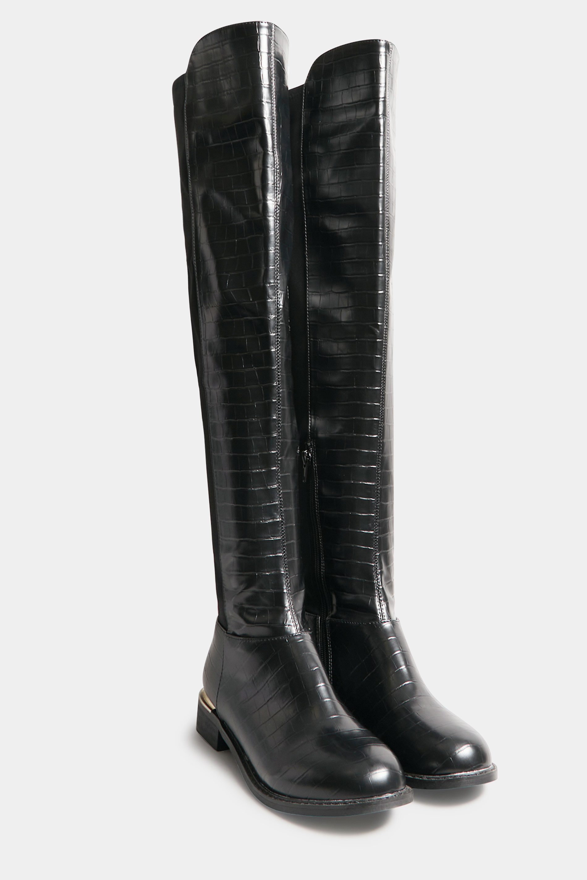 LTS Tall Black Knee High 50/50 Faux Leather Croc Boots In Standard Fit | Long Tall Sally 2