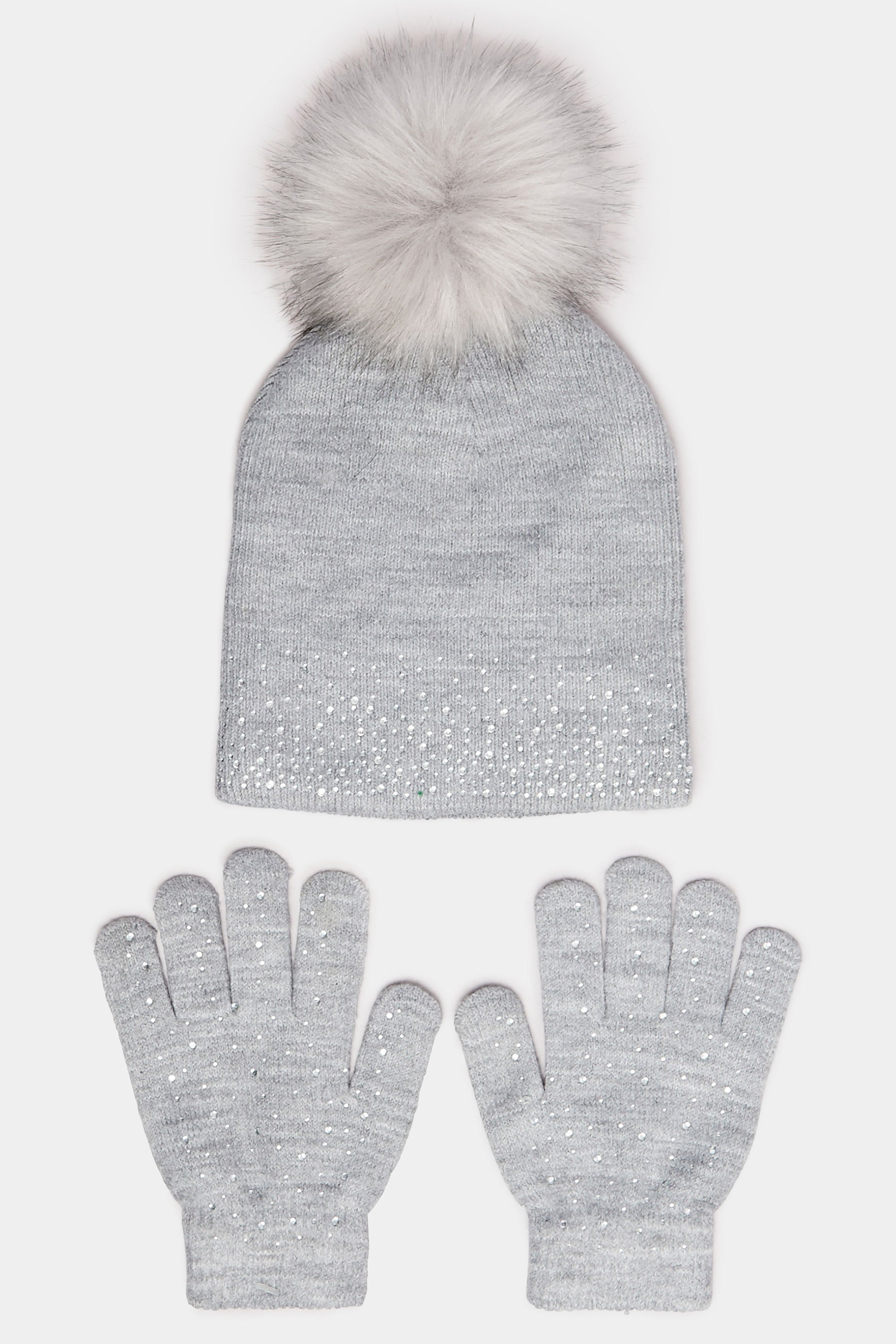 Grey Diamante Embellished Bobble Hat & Glove Set | Yours Clothing 2