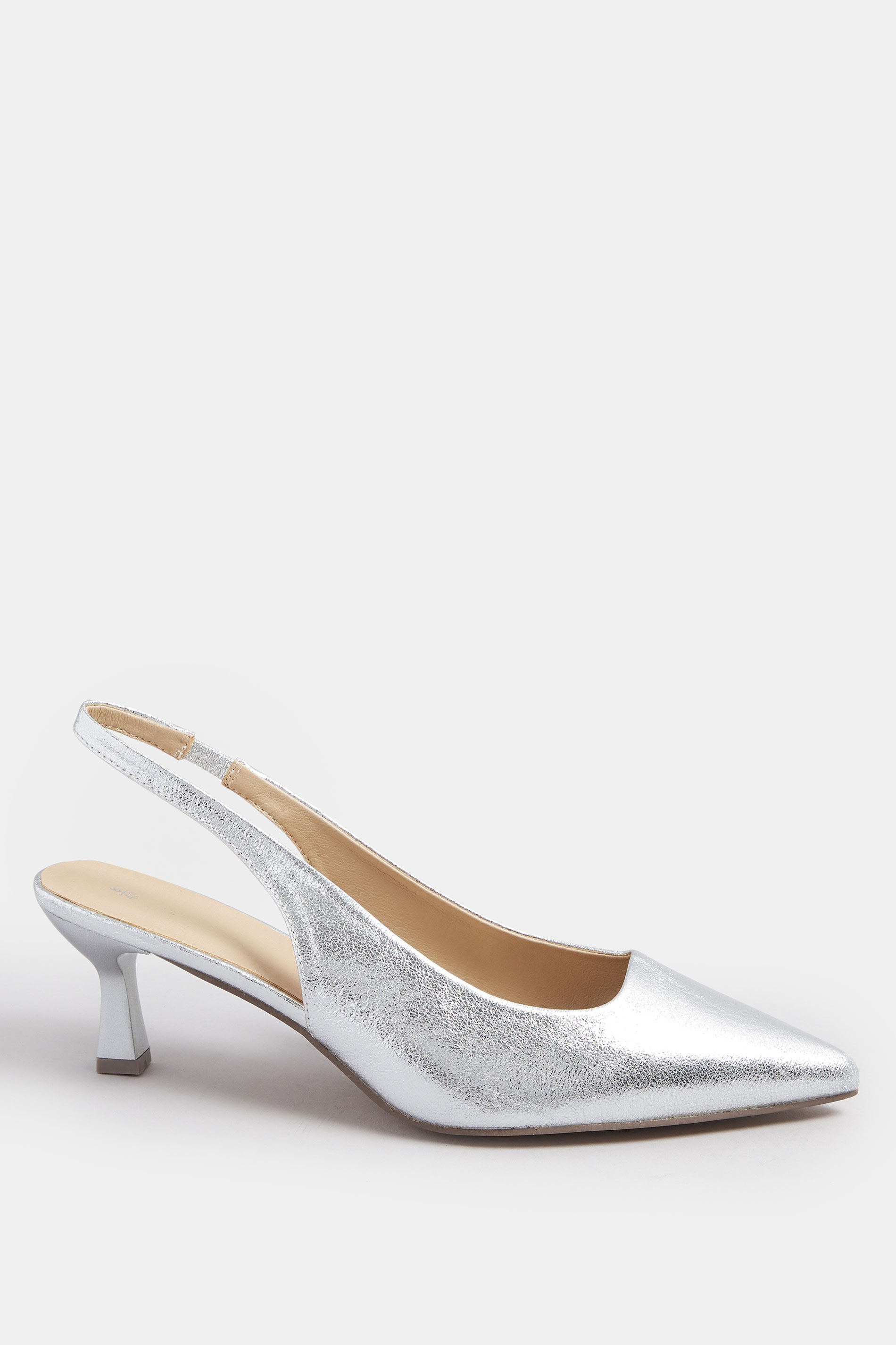 Silver Faux Leather Slingback Kitten Heels In Extra Wide EEE Fit | Yours Clothing 3
