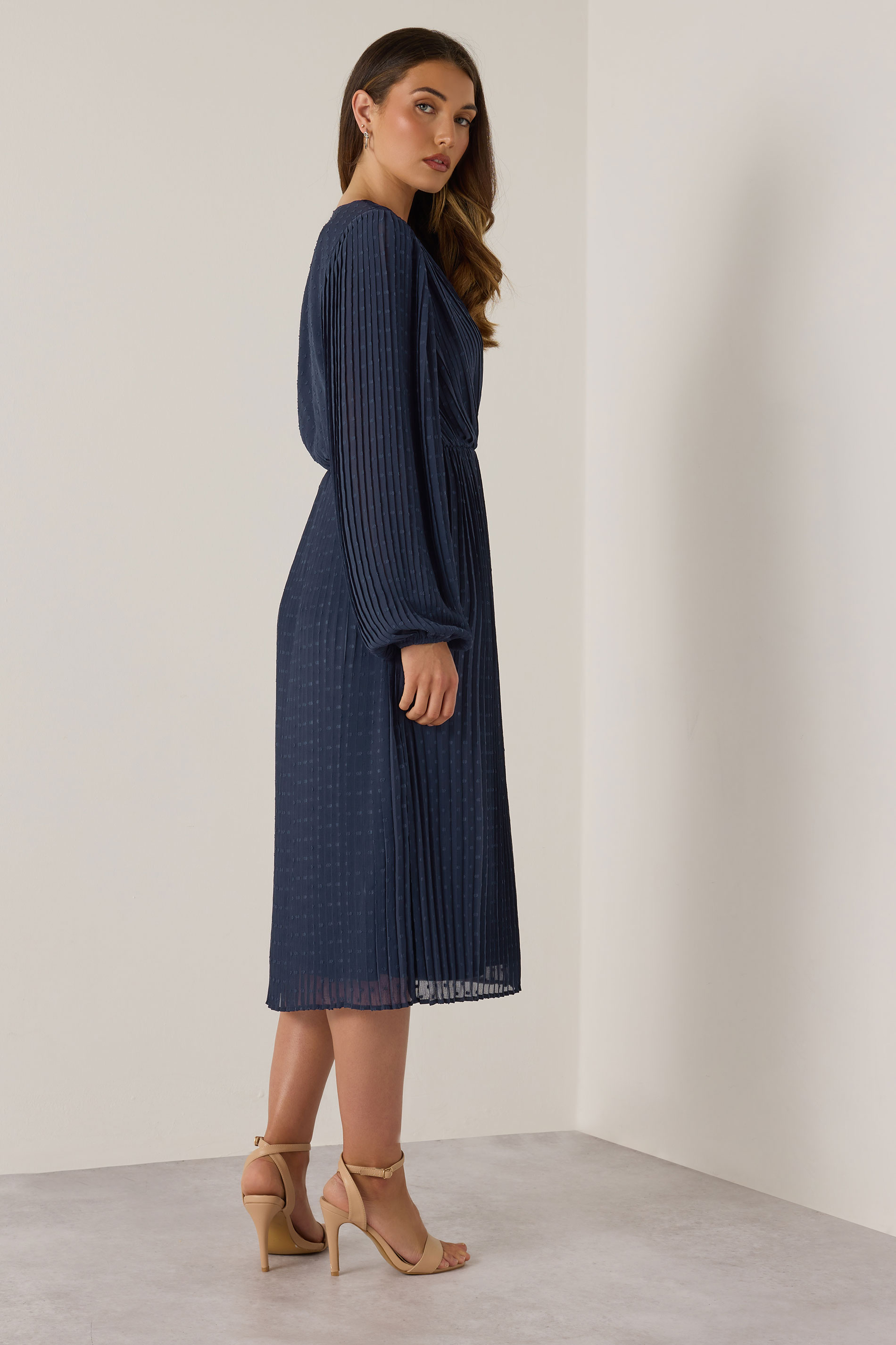LTS Tall Navy Blue Chiffon Dobby Pleated Wrap Midi Dress | Long Tall Sally 3