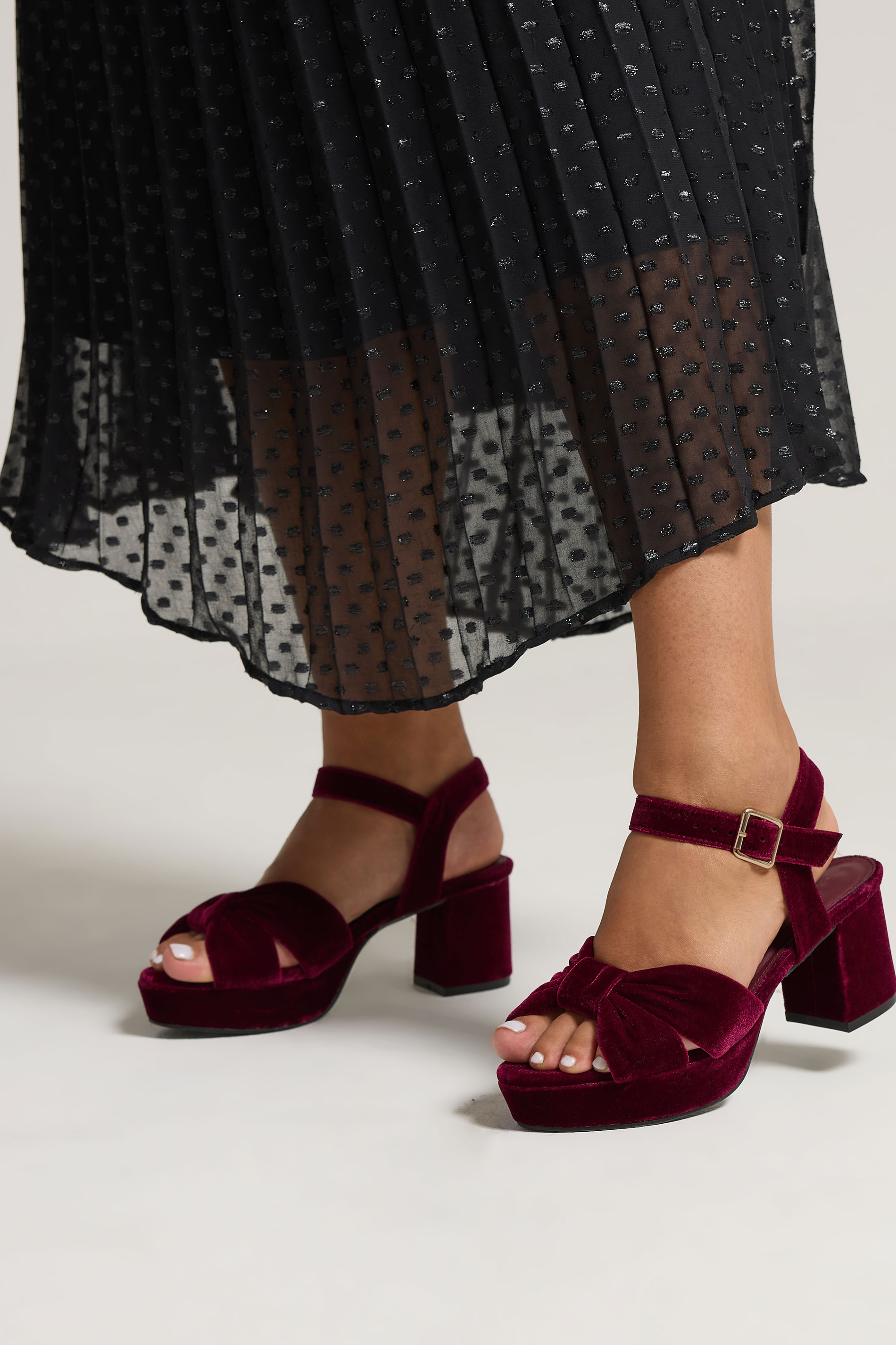 Burgundy Red Velvet Bow Strap Platform Heels In Extra Wide Fit | Yours Clothing 2