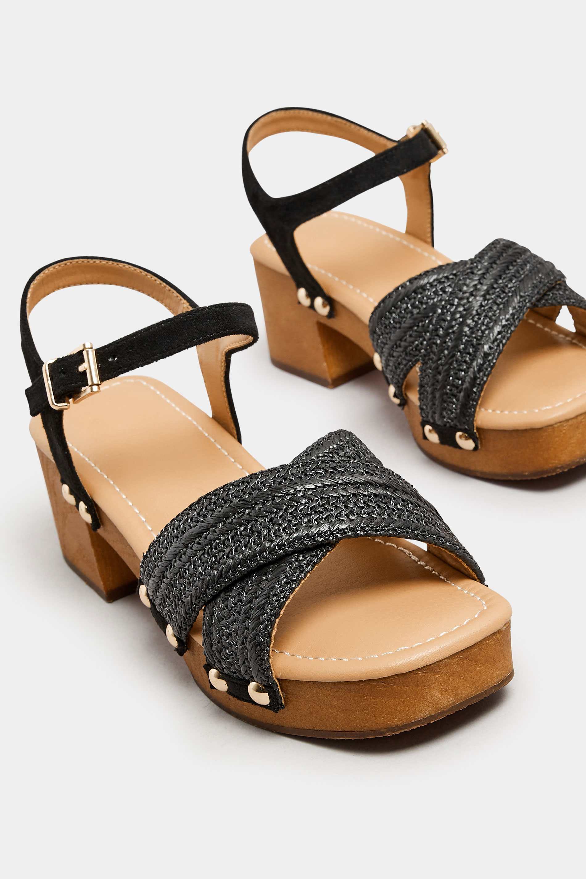 Black Cross Over Platform Wooden Clog Sandals In Wide E Fit | Yours Clothing 6