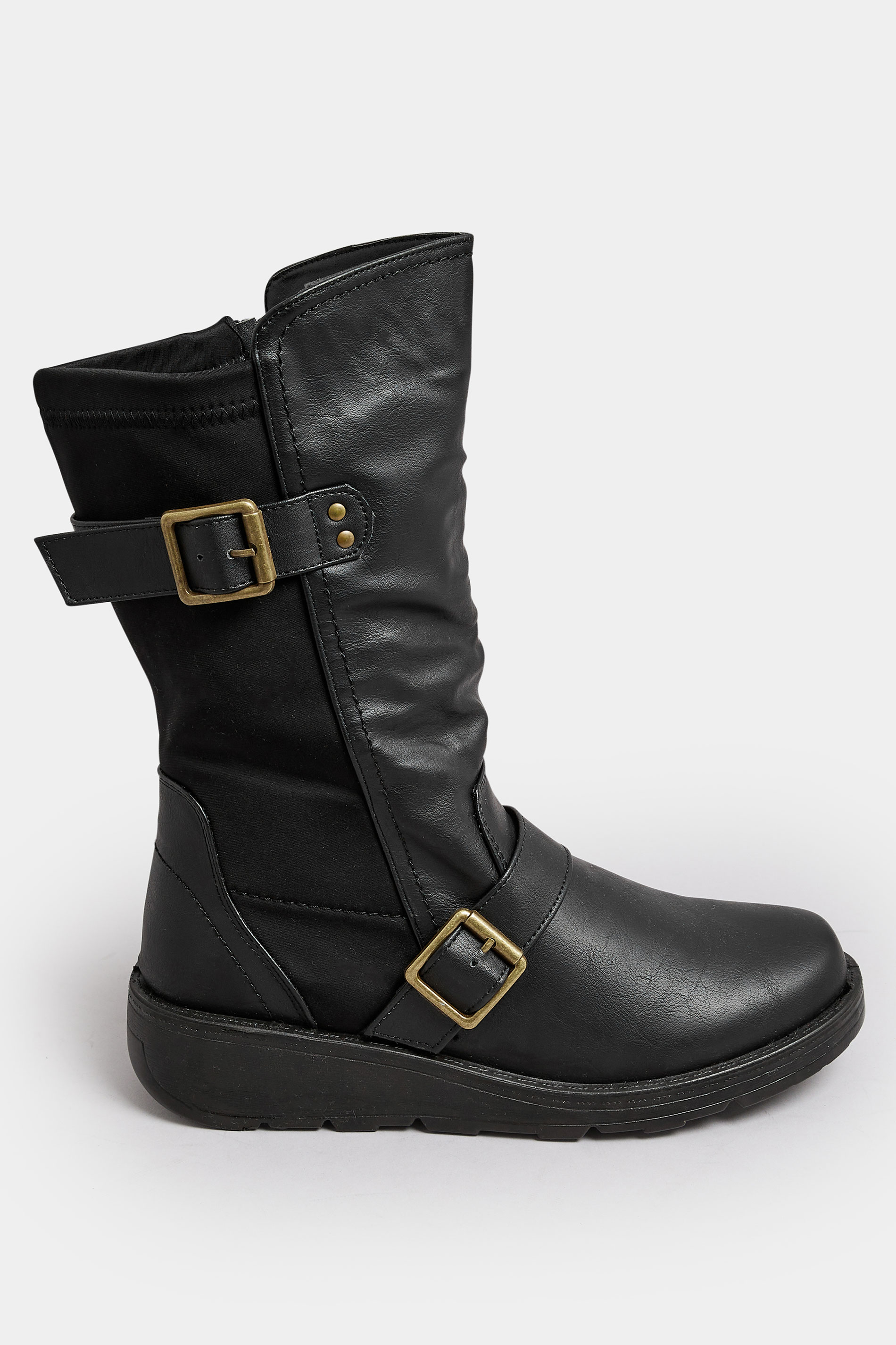 Black Faux Leather Wedge Buckle Boots In Extra Wide EEE Fit | Yours Clothing 3