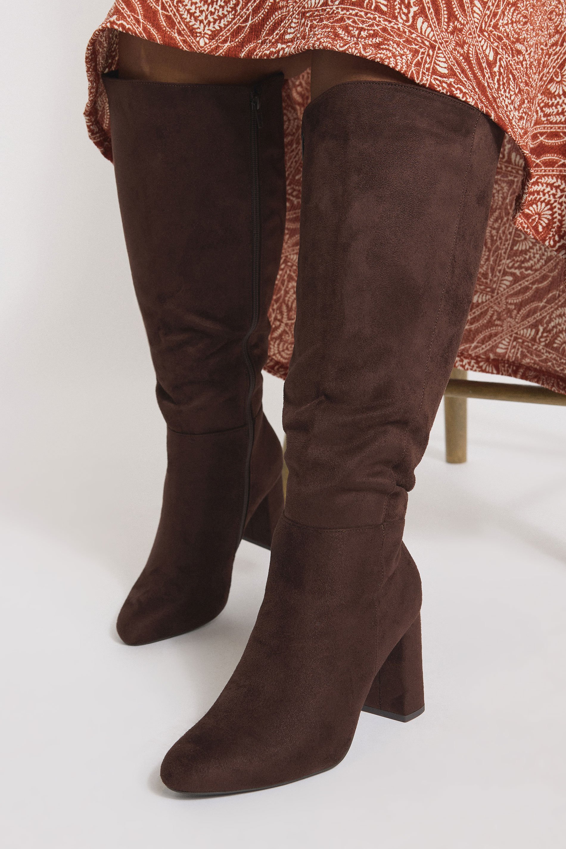 Chocolate Brown Faux Suede Heeled Knee High Boot In Extra Wide EEE Fit | Yours Clothing 3