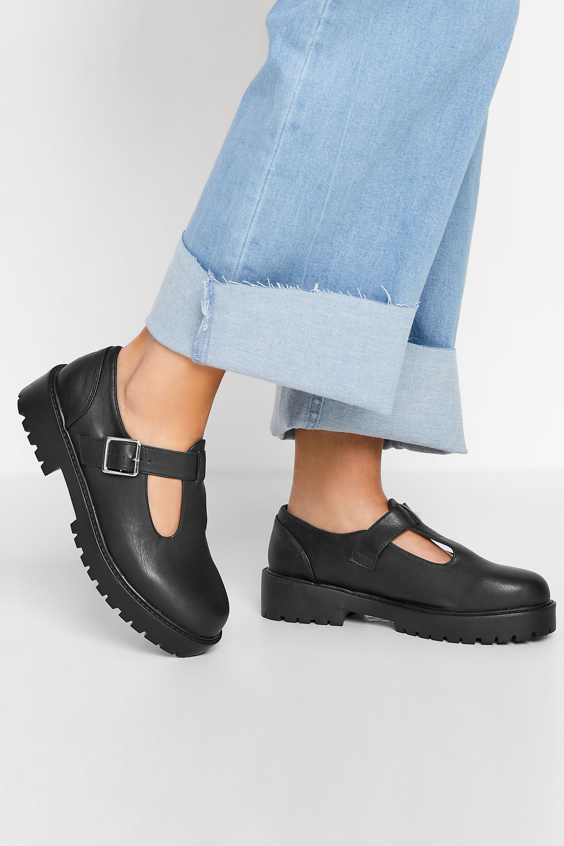 Black Chunky T Bar Mary Jane Shoes In Extra Wide EEE Fit | Yours Clothing 1