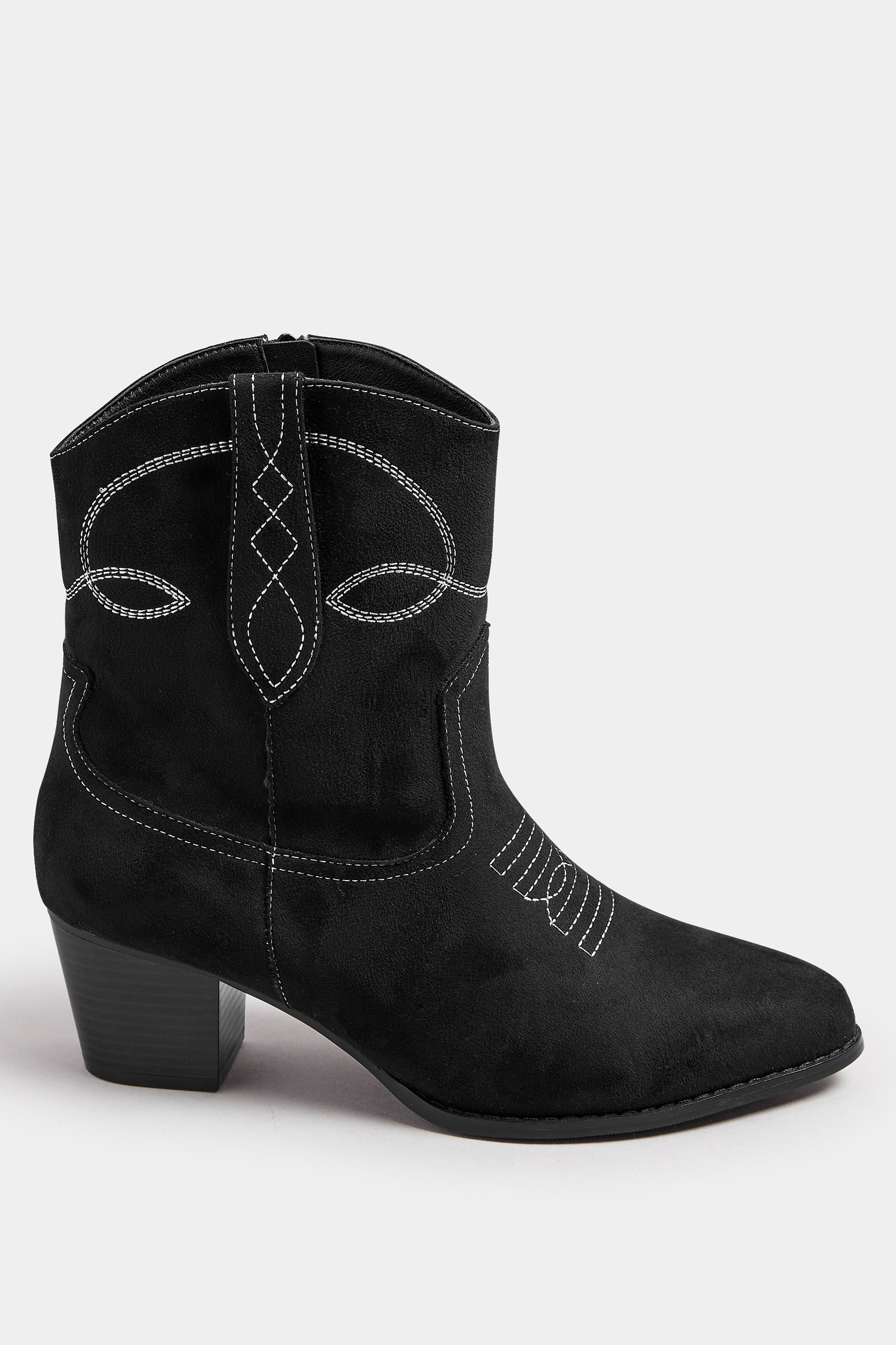 Black Faux Suede Contrast Stitch Western Heel Ankle Boots In Extra Wide EEE Fit | Yours Clothing 4